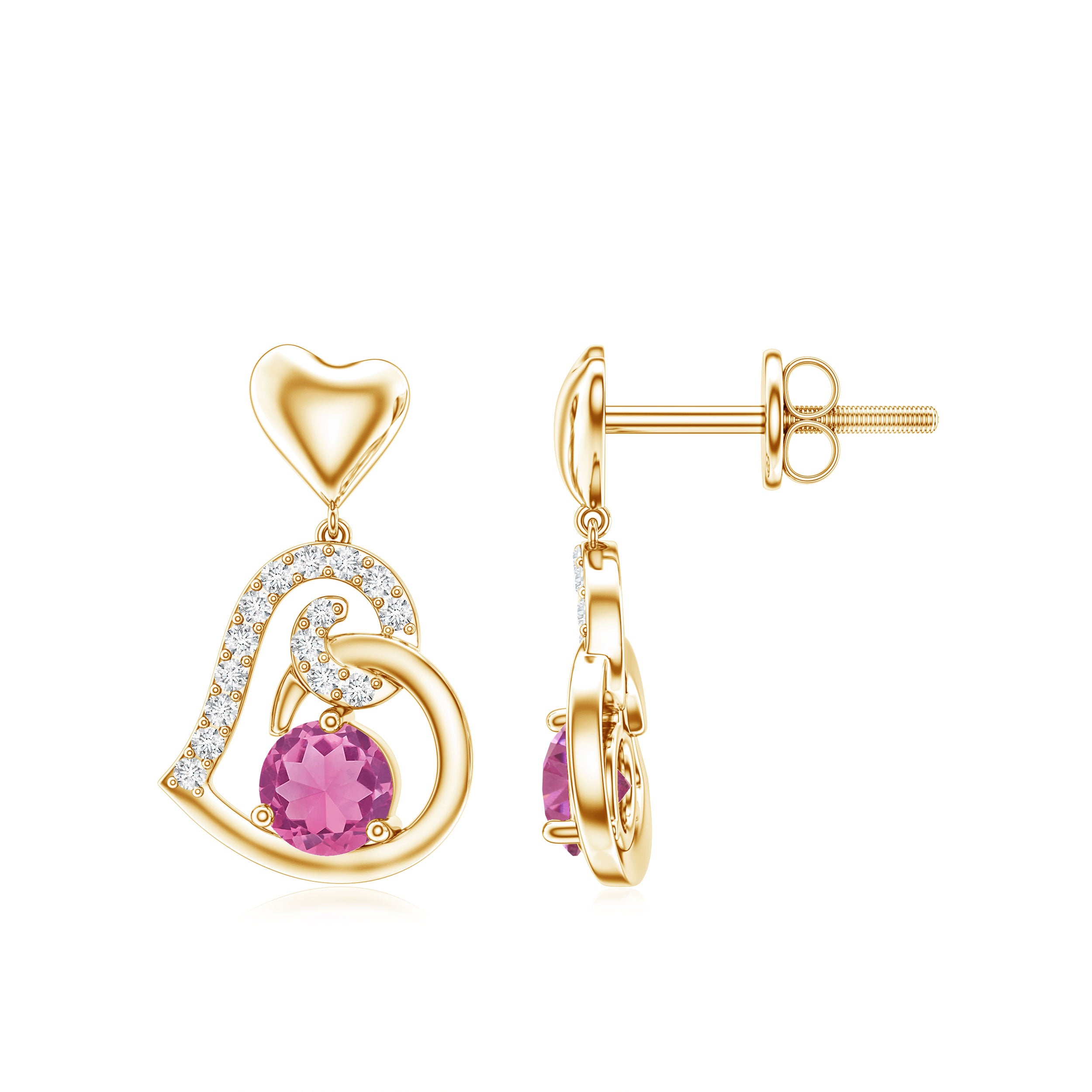 Real Pink Tourmaline and Diamond Heart Drop Earrings AAA - Rosec Jewels