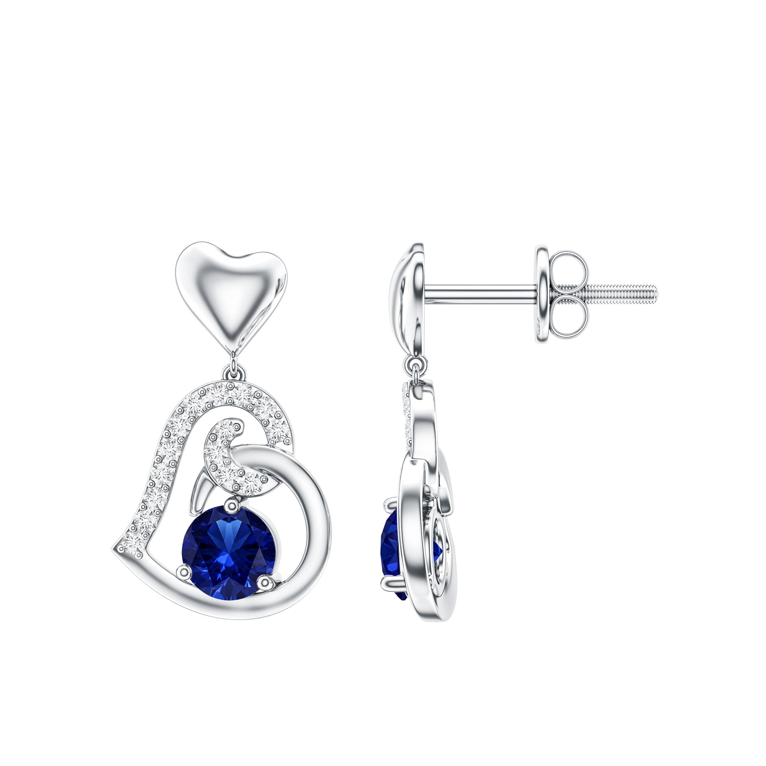 Created Blue Sapphire and Diamond Heart Drop Earrings AAAA - Rosec Jewels