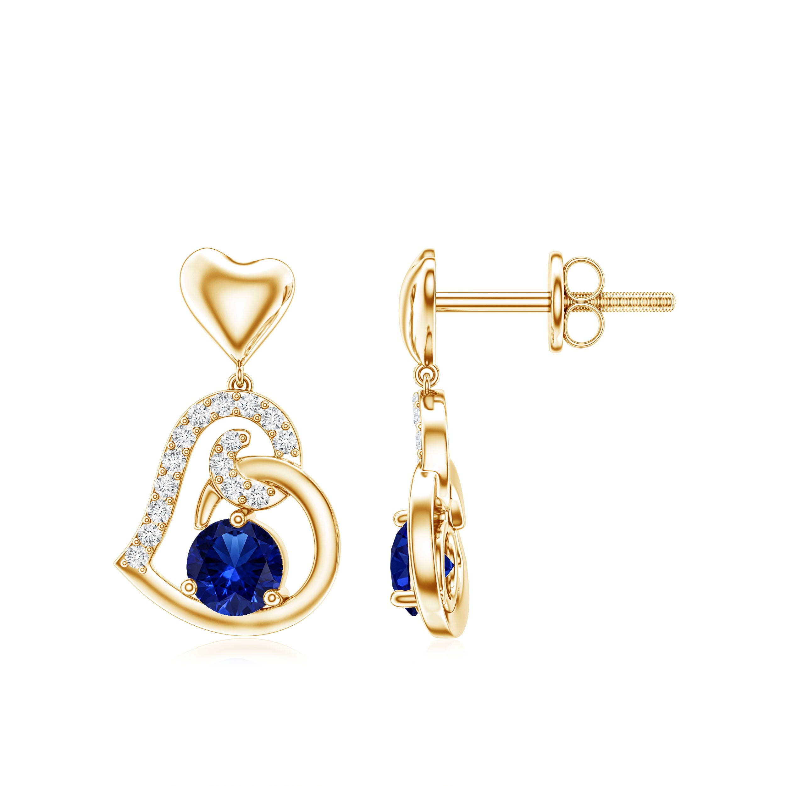 Created Blue Sapphire and Diamond Heart Drop Earrings AAAA - Rosec Jewels