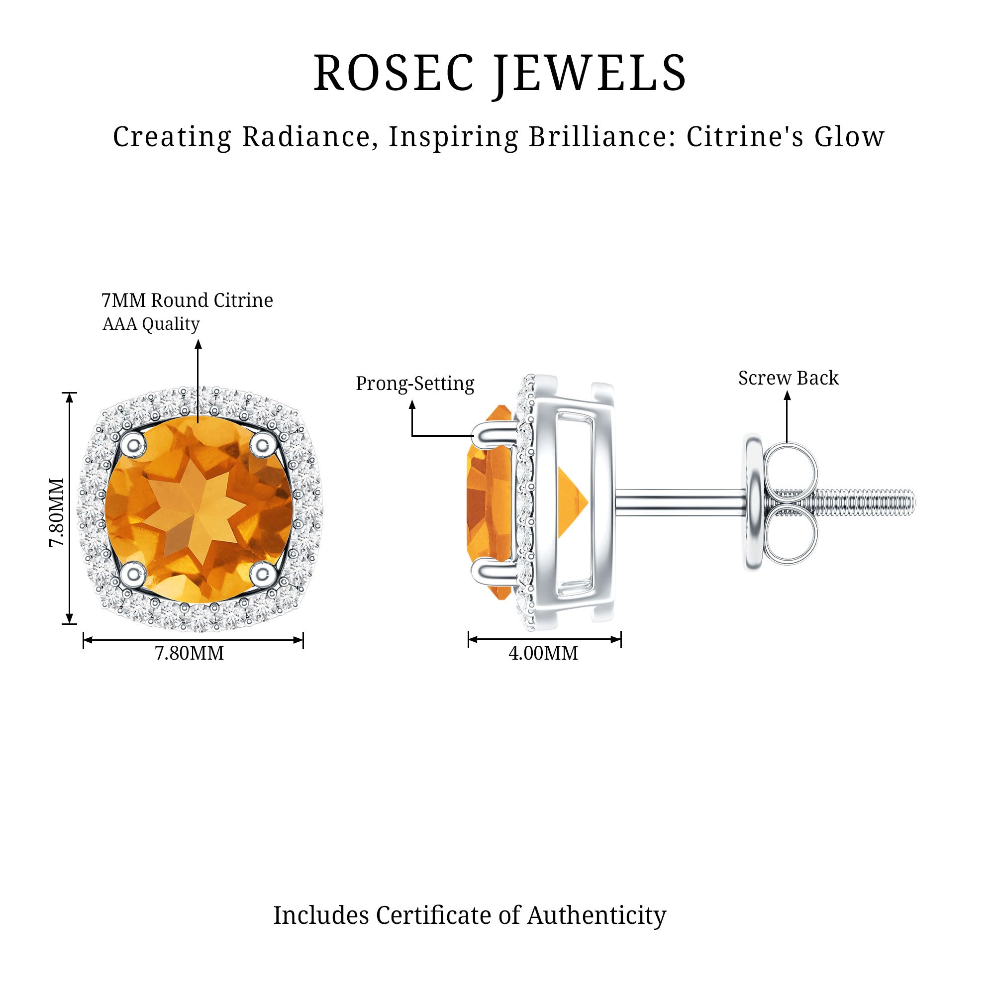 Round Shape Citrine Stud Earrings with Diamond Halo AAA - Rosec Jewels