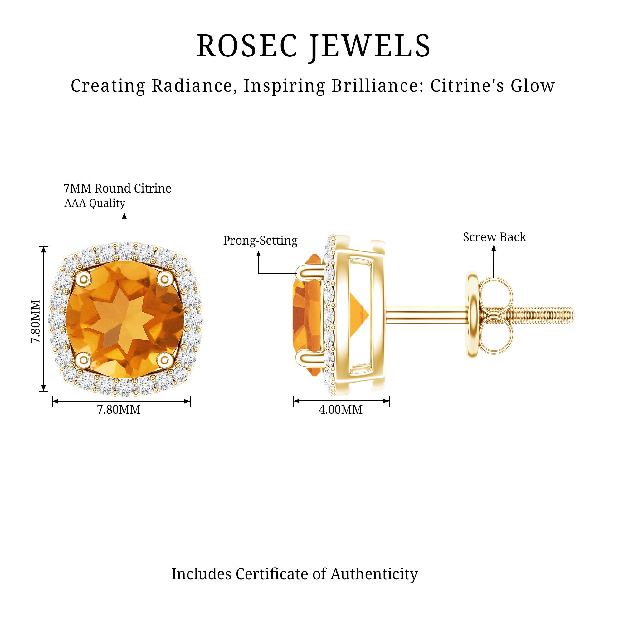 Round Shape Citrine Stud Earrings with Diamond Halo AAA - Rosec Jewels