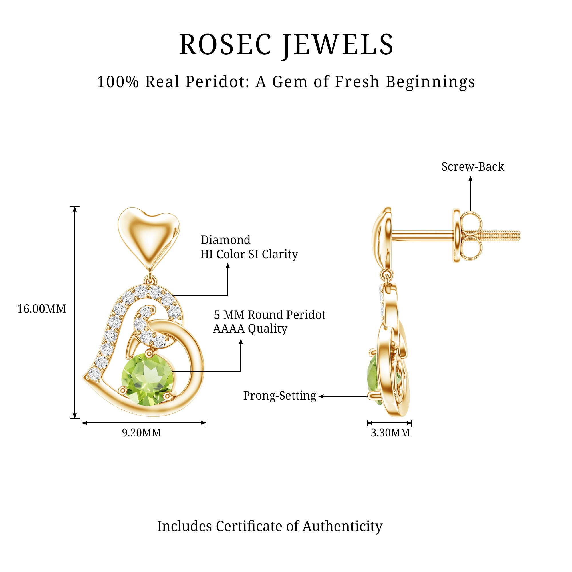 Solitaire Peridot Heart Drop Earrings with Diamond Accent AAA - Rosec Jewels