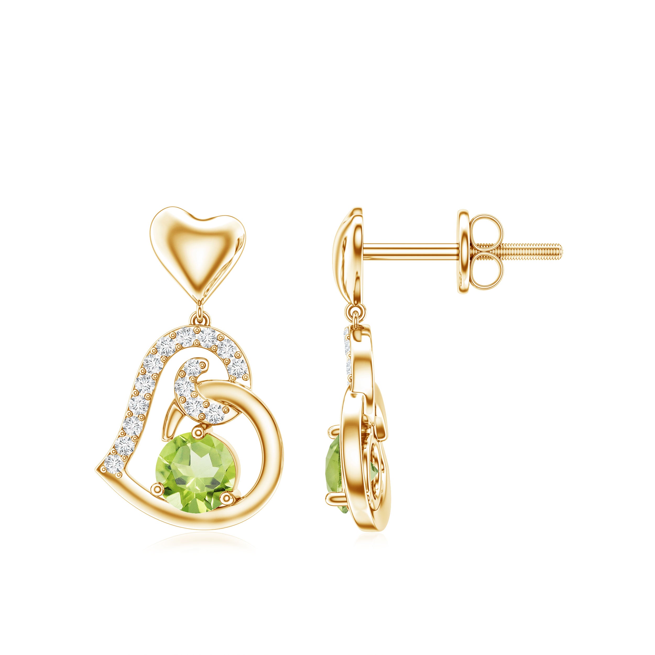 Solitaire Peridot Heart Drop Earrings with Diamond Accent AAA - Rosec Jewels