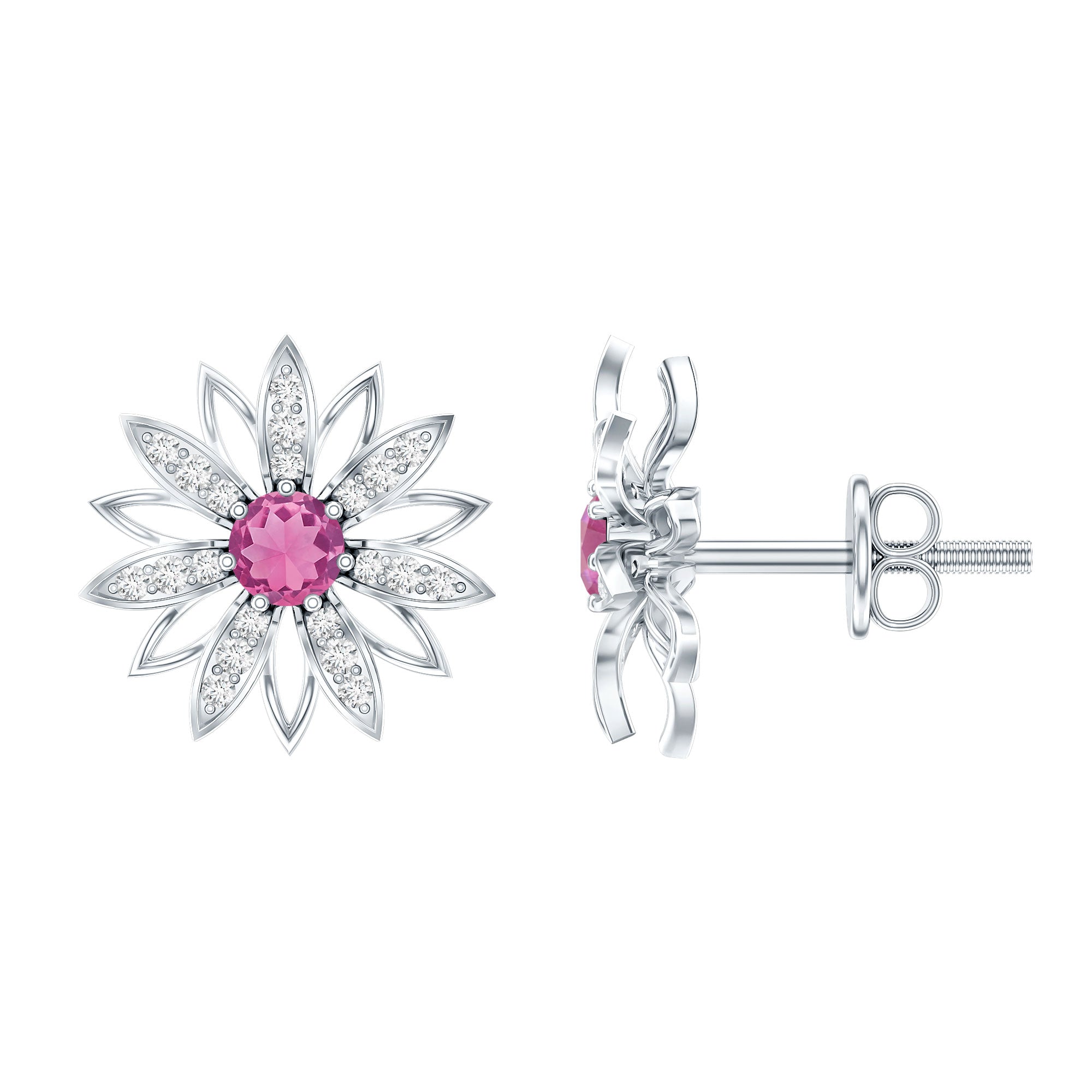 Round Pink Tourmaline Flower Stud Earrings with Diamond AAA - Rosec Jewels