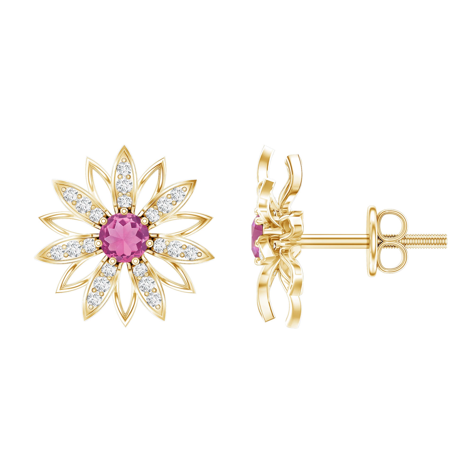 Round Pink Tourmaline Flower Stud Earrings with Diamond AAA - Rosec Jewels