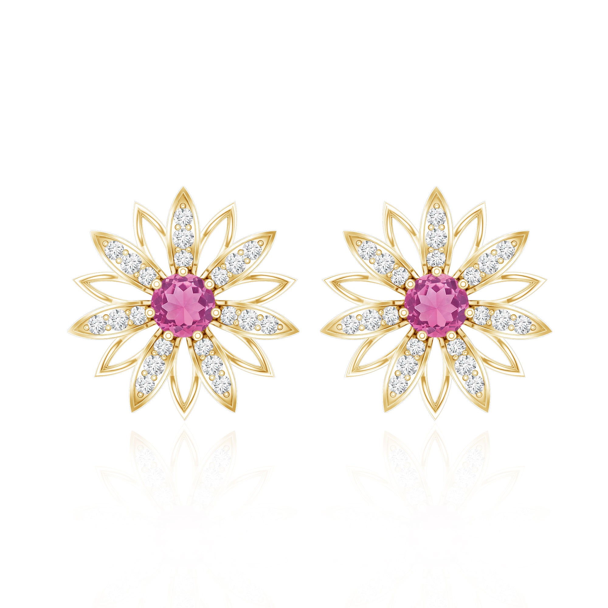 Round Pink Tourmaline Flower Stud Earrings with Diamond AAA - Rosec Jewels