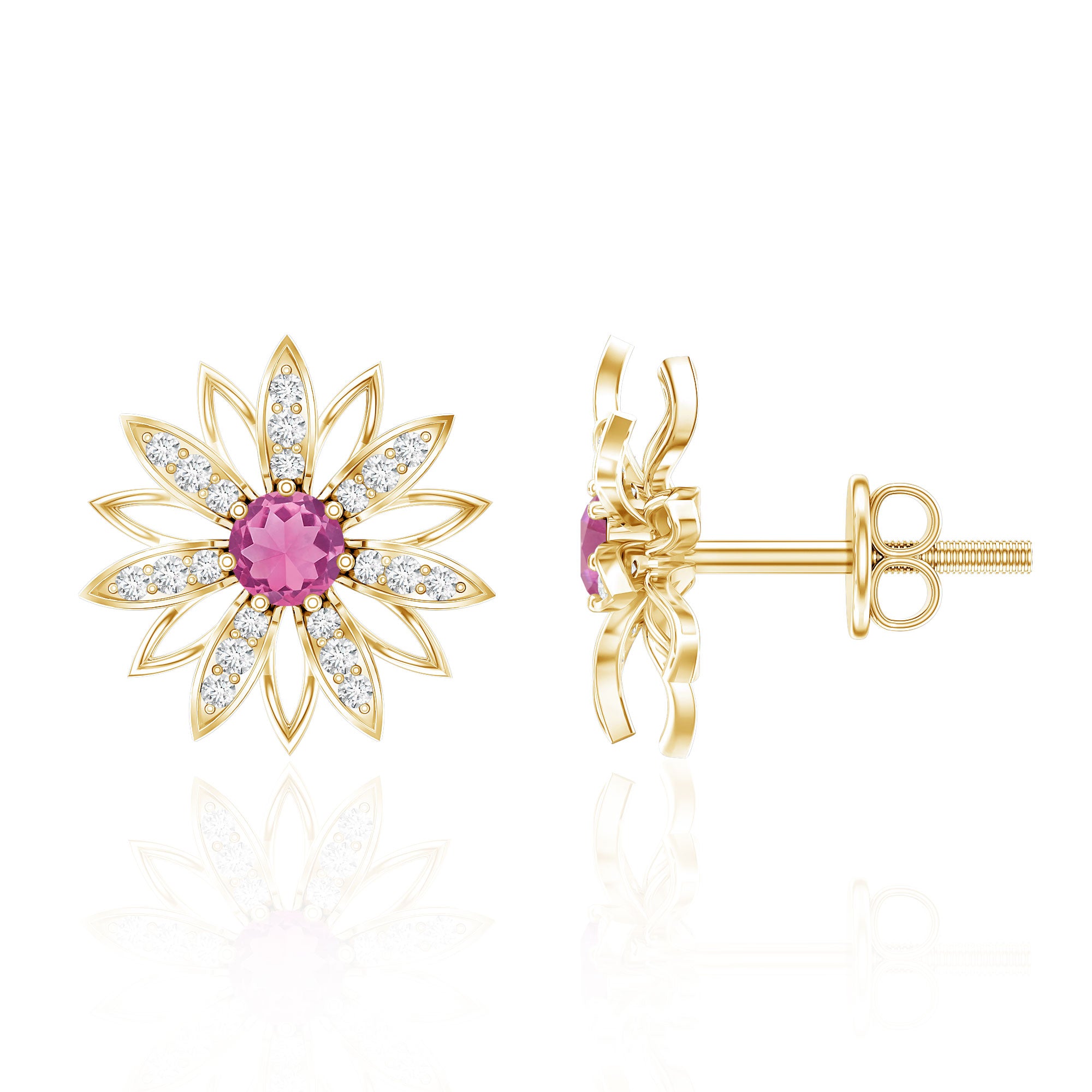Round Pink Tourmaline Flower Stud Earrings with Diamond AAA - Rosec Jewels