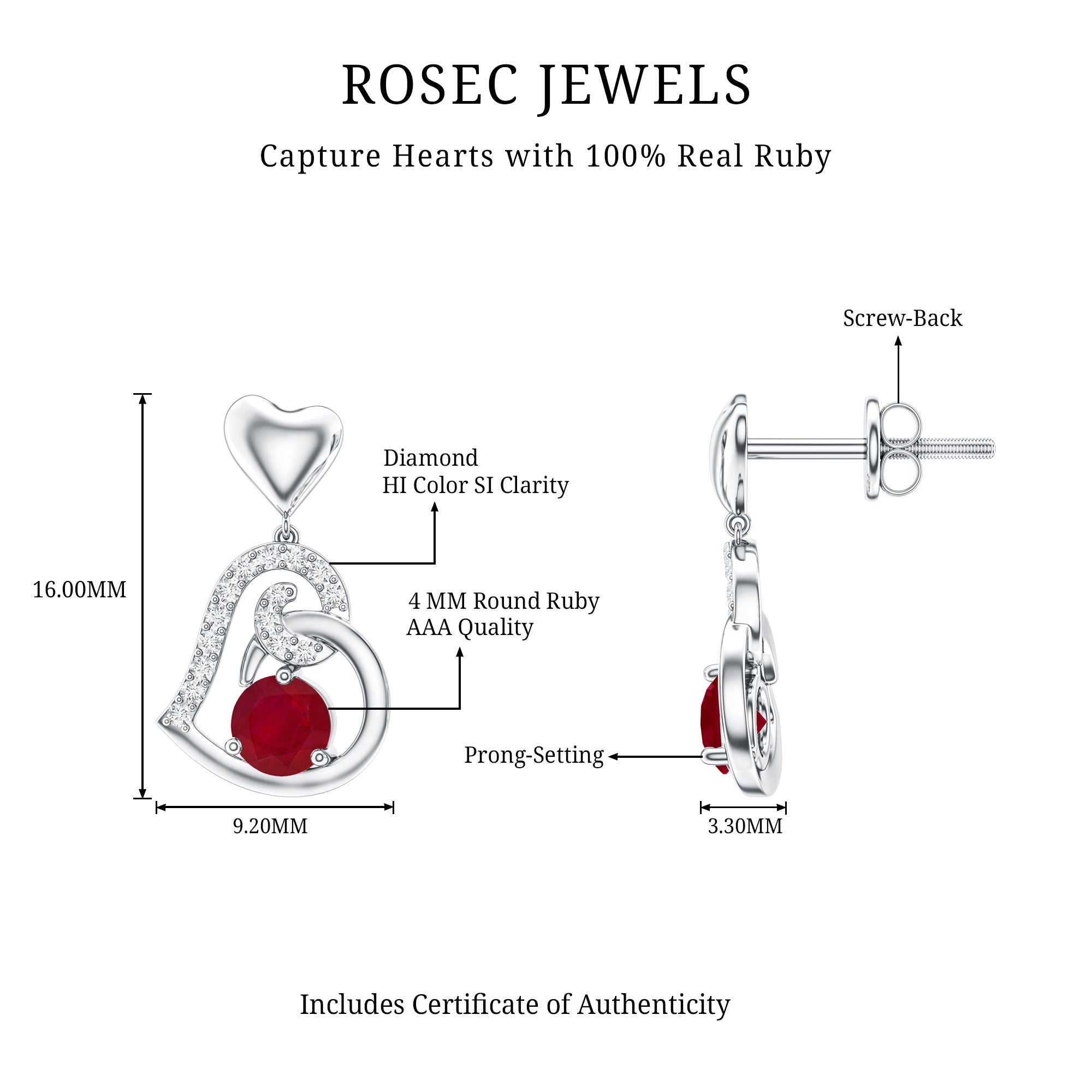 Round Ruby Heart Drop Earring with Diamond Accent AAA - Rosec Jewels