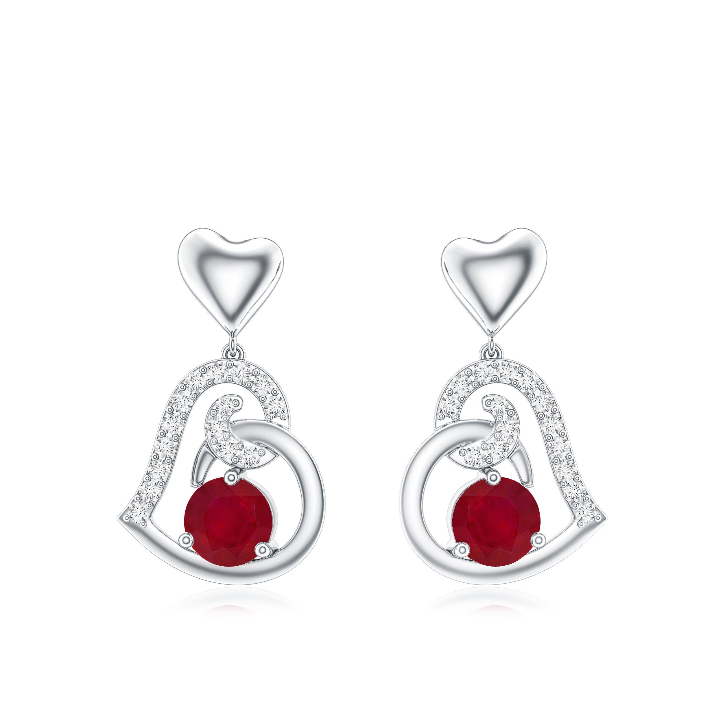 Round Ruby Heart Drop Earring with Diamond Accent AAA - Rosec Jewels