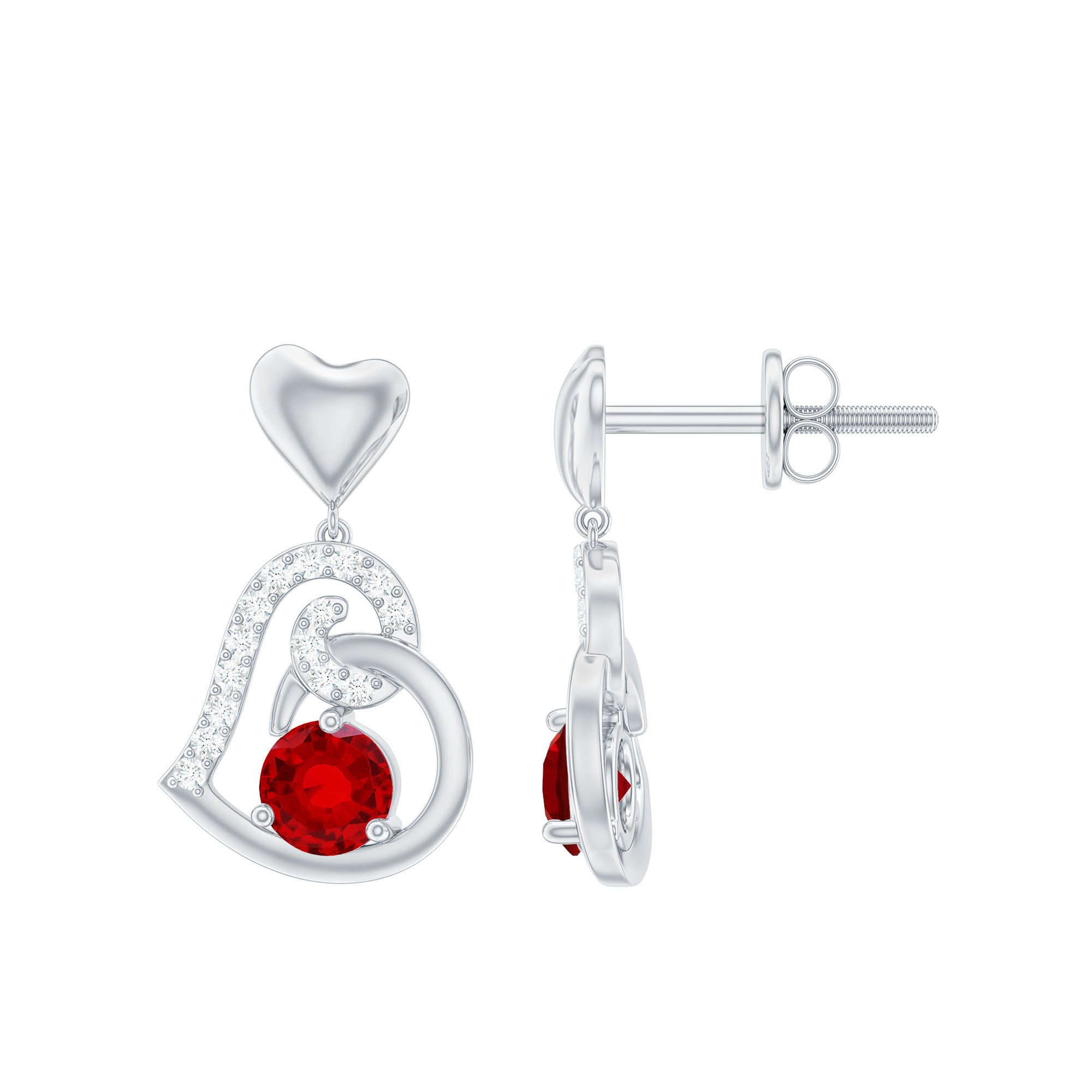 Lab Created Ruby and Diamond Heart Drop Earrings AAAA - Rosec Jewels