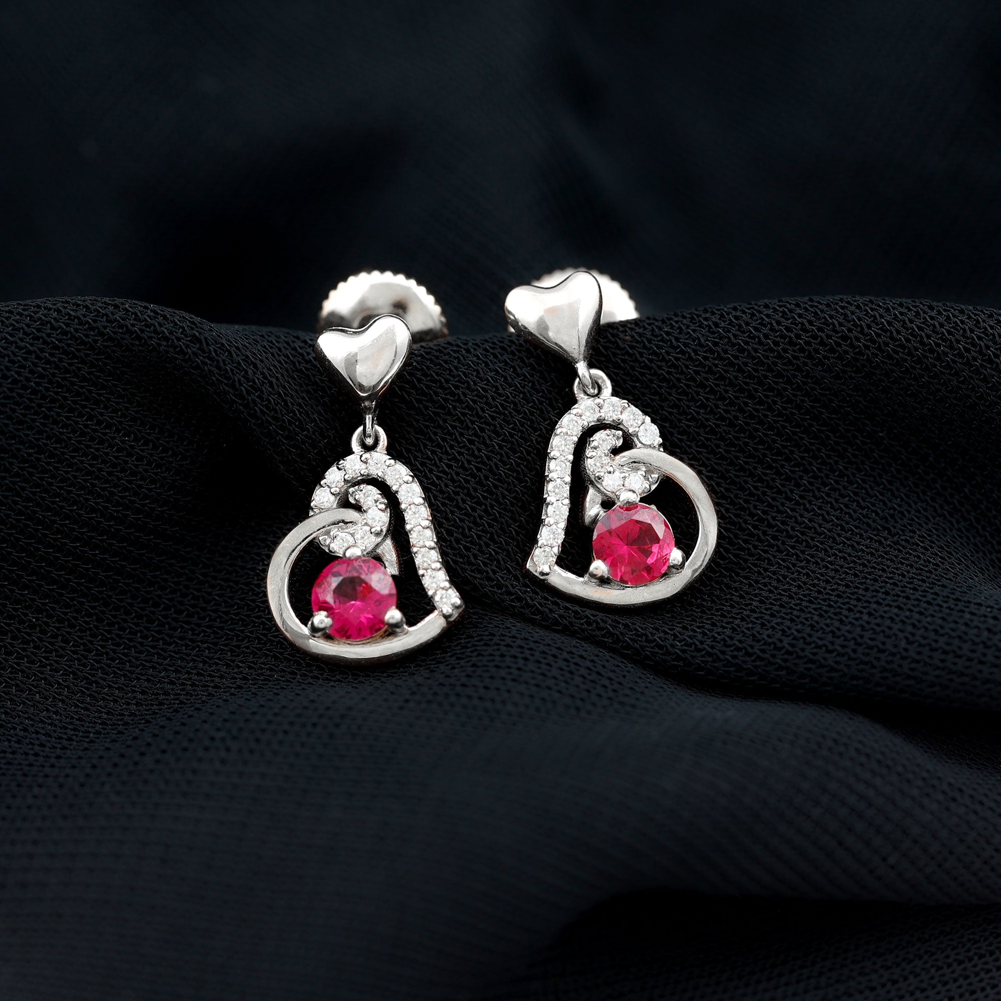 Lab Created Ruby and Diamond Heart Drop Earrings AAAA - Rosec Jewels