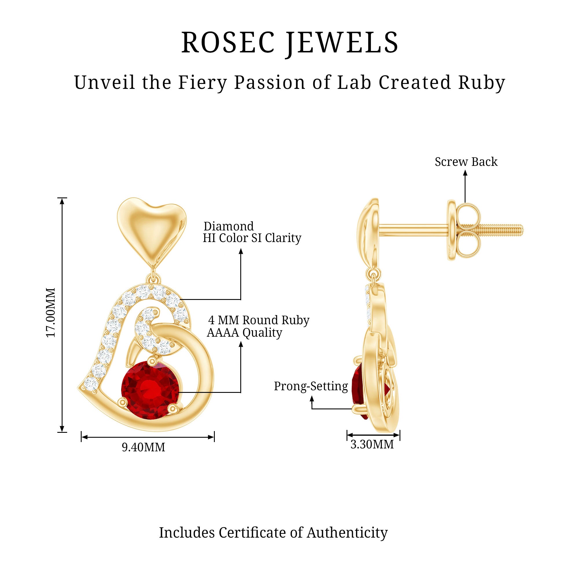 Lab Created Ruby and Diamond Heart Drop Earrings AAAA - Rosec Jewels