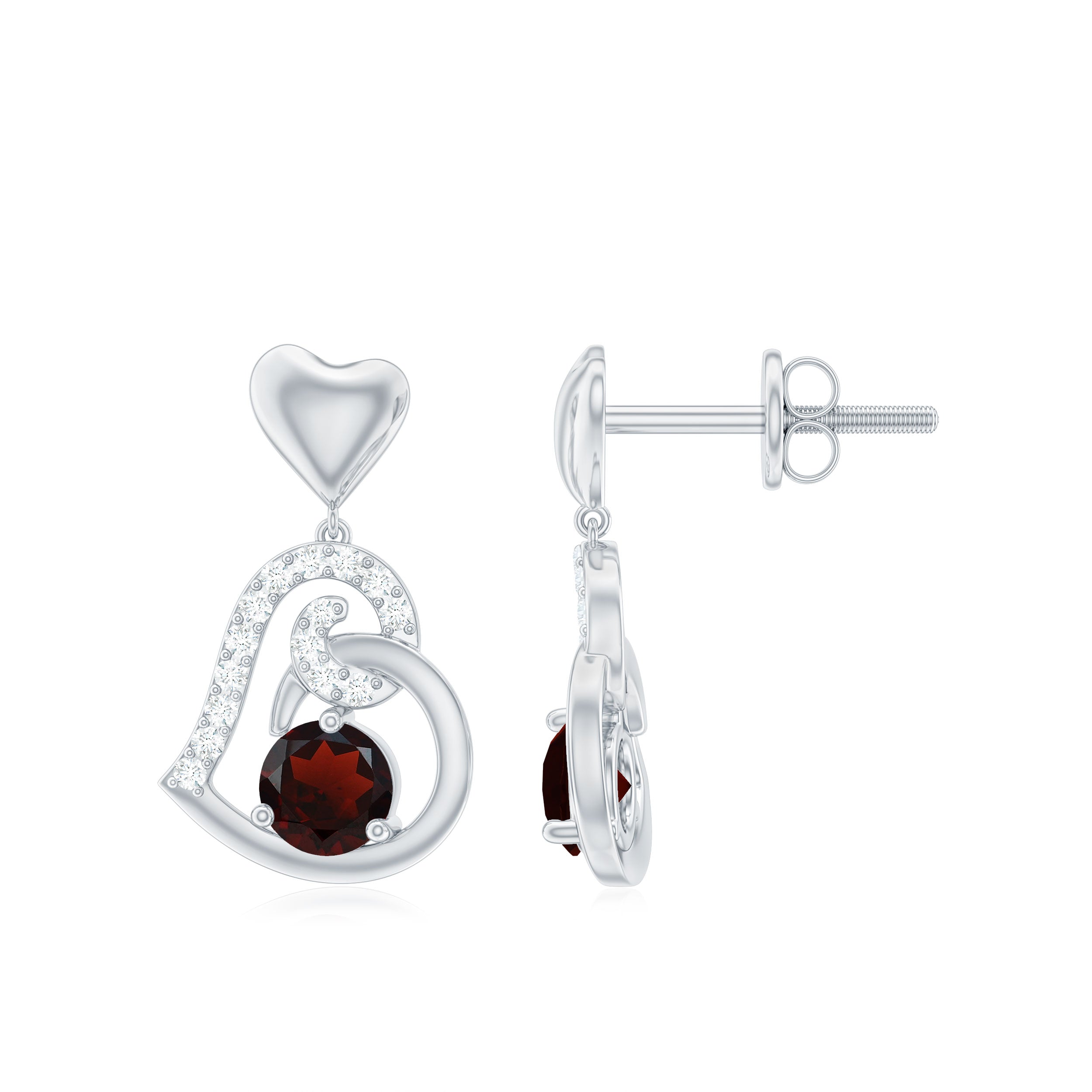 Garnet Heart Drop Earrings with Diamond Accent