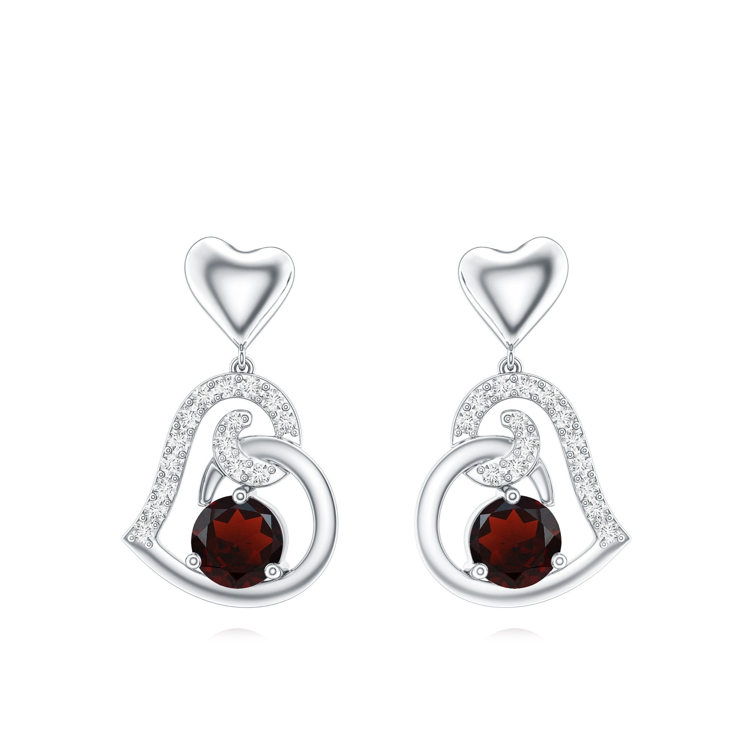 Garnet Heart Drop Earrings with Diamond Accent AAA - Rosec Jewels