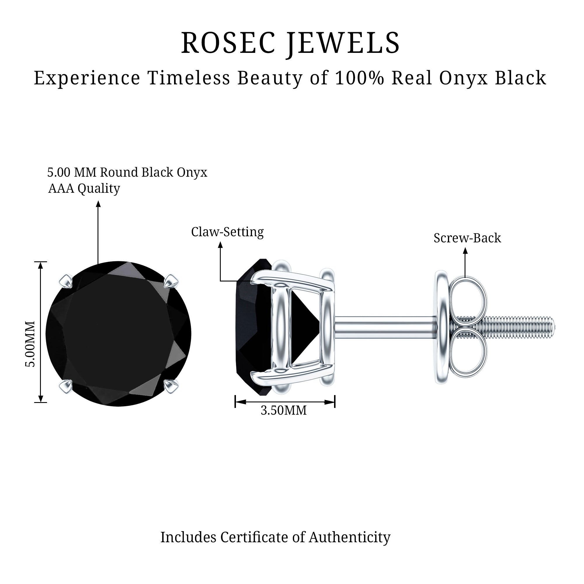 Natural Black Onyx Stud Earrings for Everyday AAA - Rosec Jewels