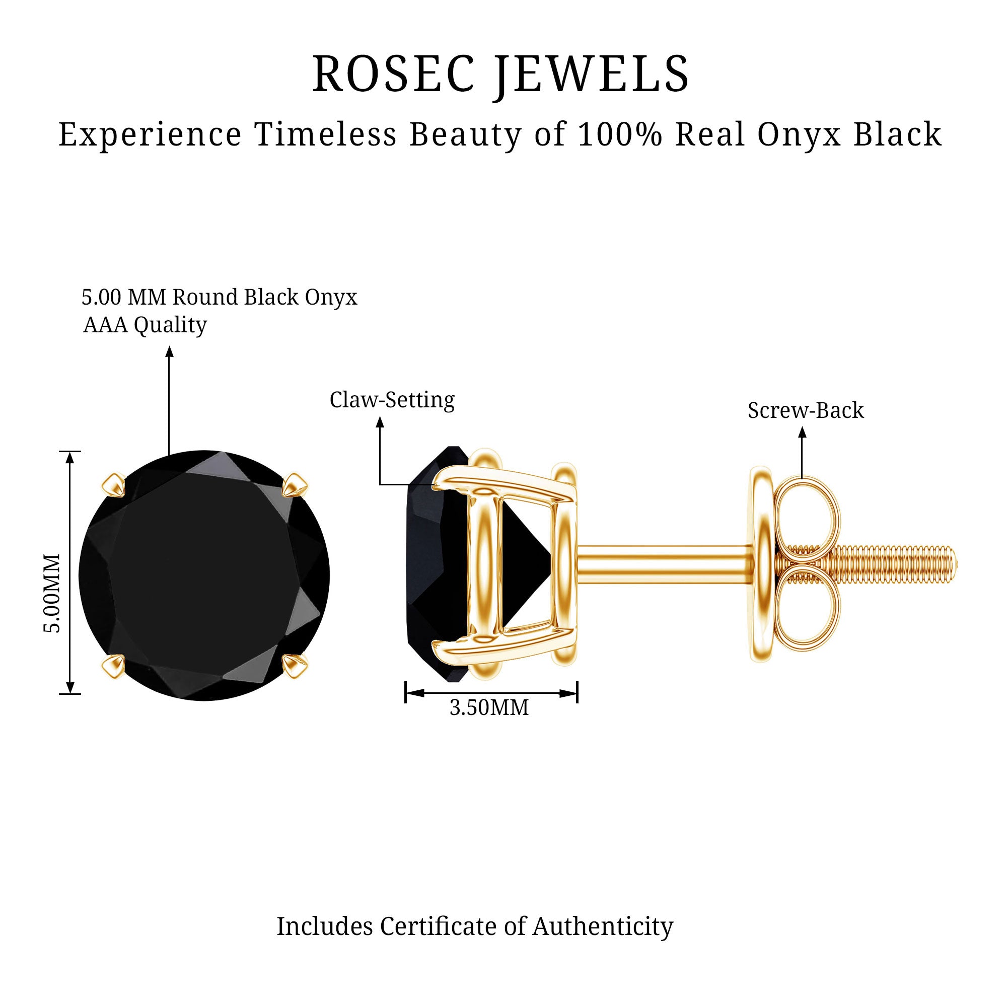 Natural Black Onyx Stud Earrings for Everyday AAA - Rosec Jewels