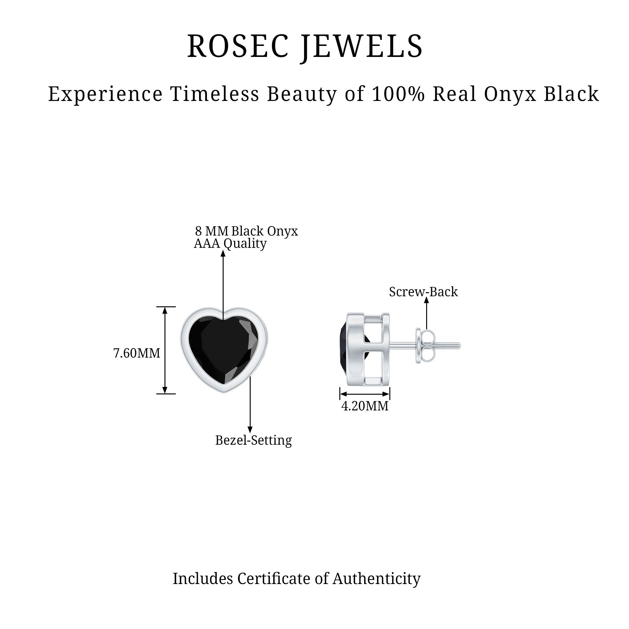 Bezel Set Black Onyx Heart Stud Earring AAA - Rosec Jewels