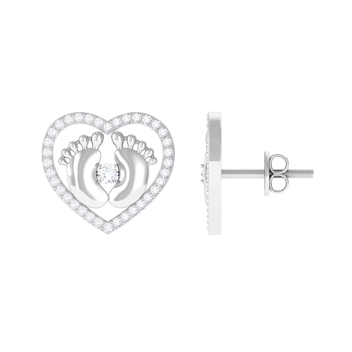 Diamond Heart Stud Earrings with Baby Feet Natural - ( HI-SI ) - Rosec Jewels
