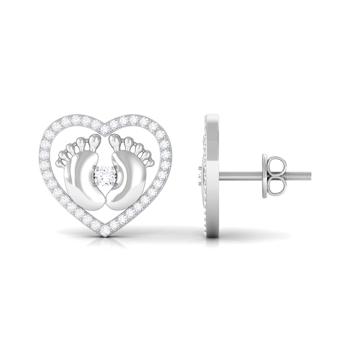 Diamond Heart Stud Earrings with Baby Feet Natural - ( HI-SI ) - Rosec Jewels