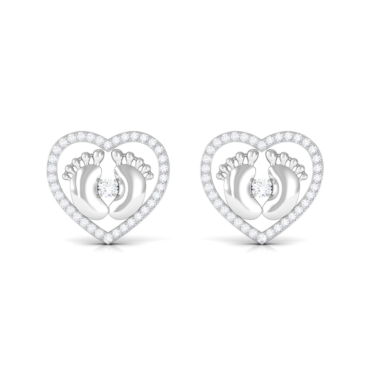 Diamond Heart Stud Earrings with Baby Feet Natural - ( HI-SI ) - Rosec Jewels