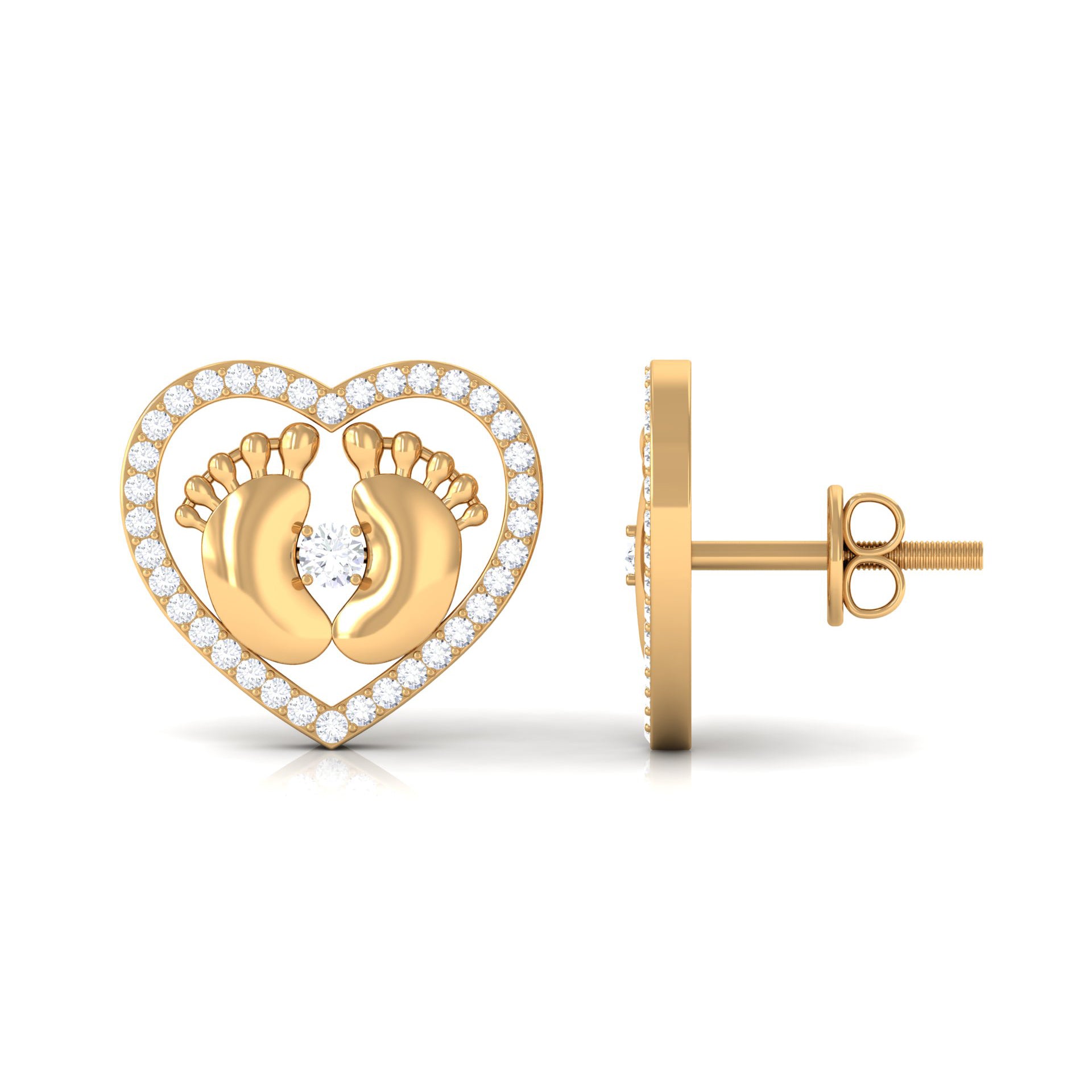 Rosec Jewels-Diamond Heart Stud Earrings with Gold Baby Feet