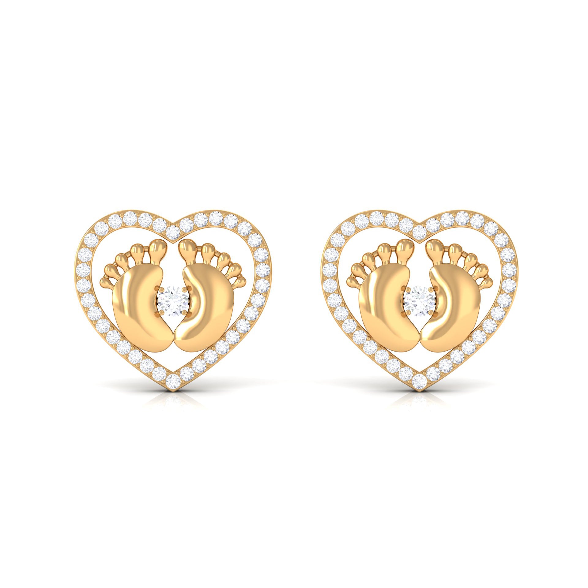 Rosec Jewels-Diamond Heart Stud Earrings with Gold Baby Feet