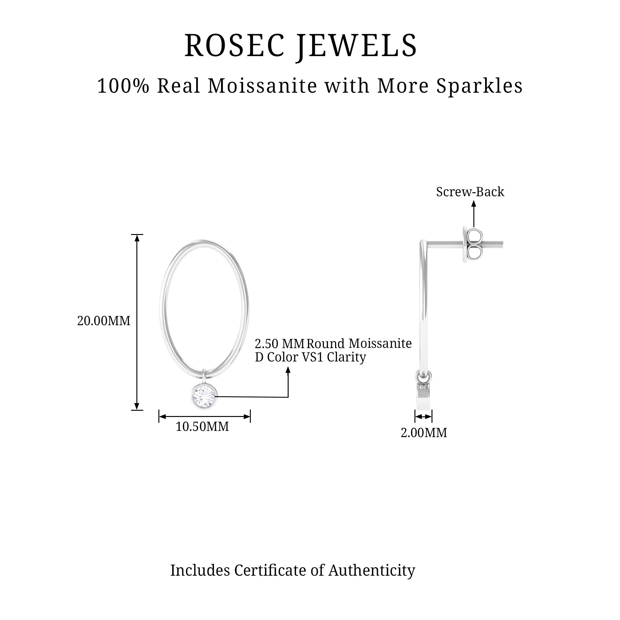 Bezel Set Moissanite Front Facing Hoop Drop Earrings D-VS1 - Rosec Jewels