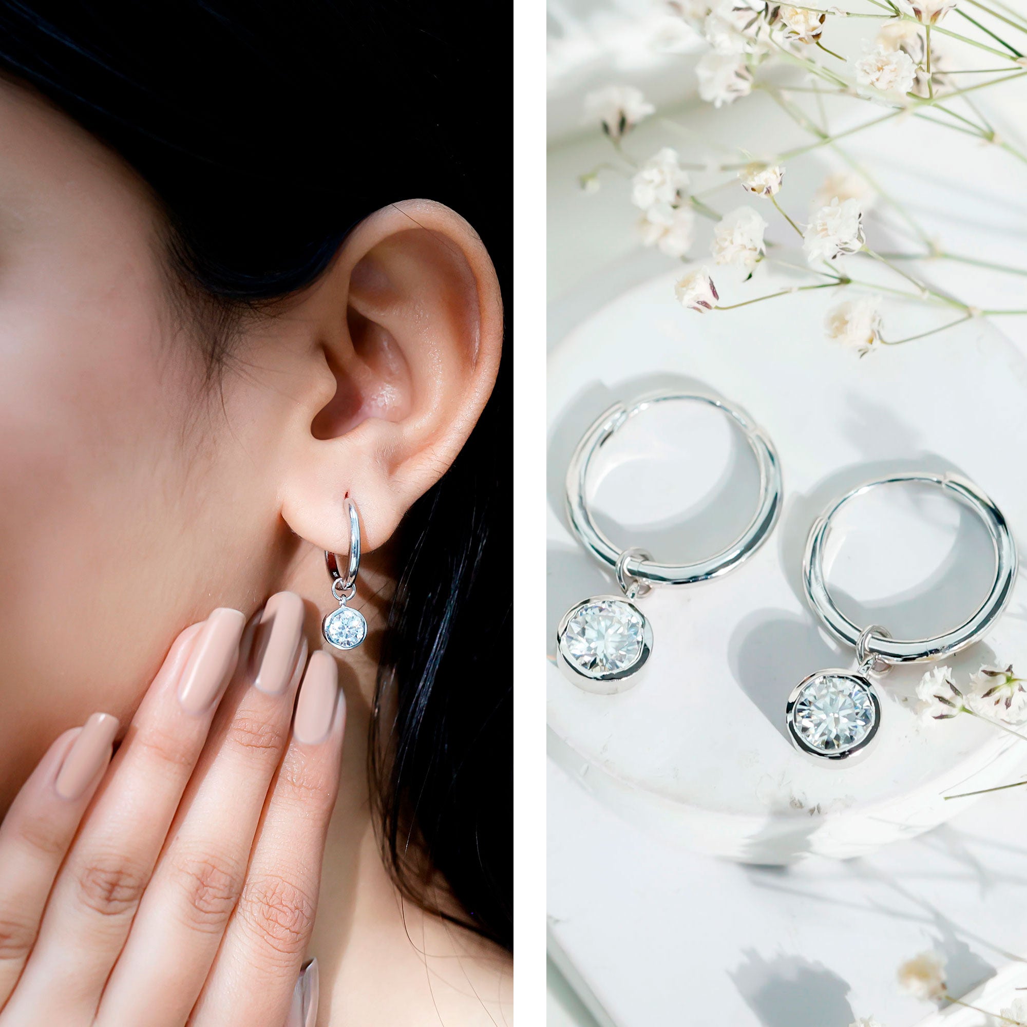 Bezel Set Moissanite and Hinged Hoop Earrings D-VS1 - Rosec Jewels
