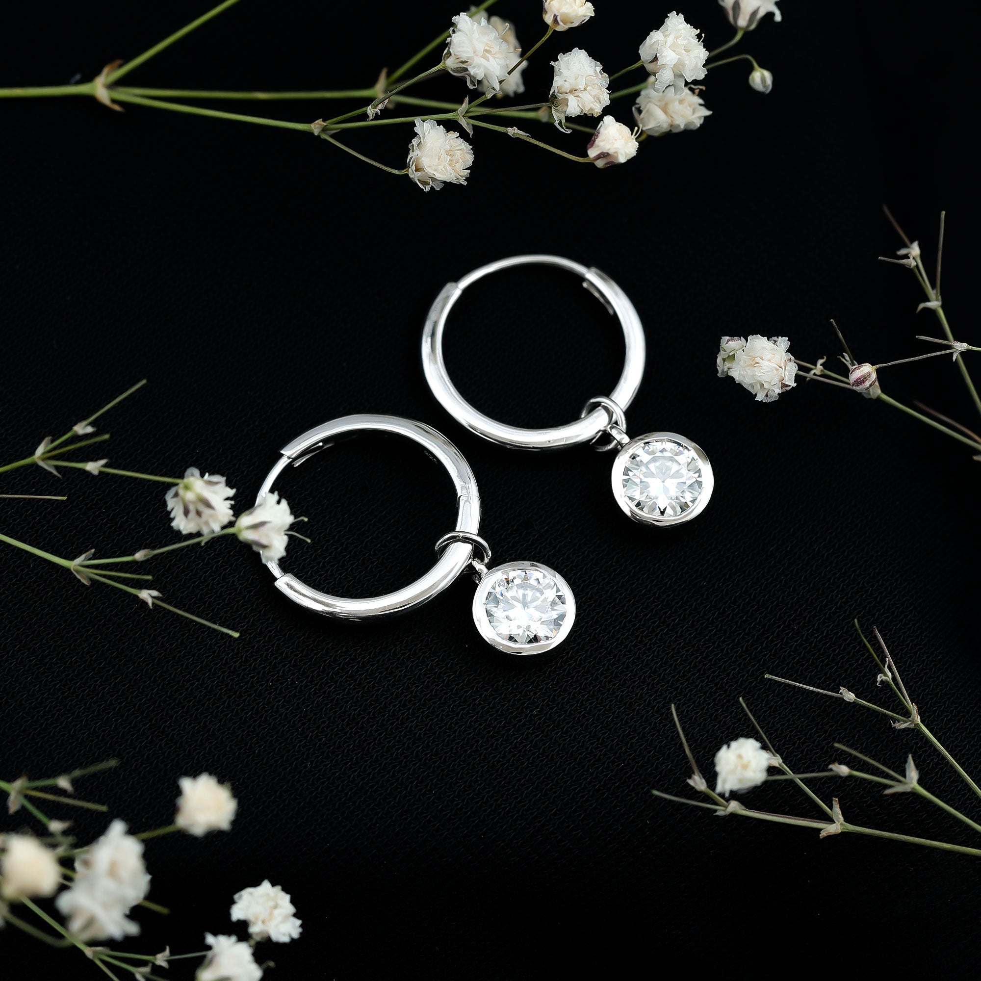 Bezel Set Moissanite and Hinged Hoop Earrings D-VS1 - Rosec Jewels