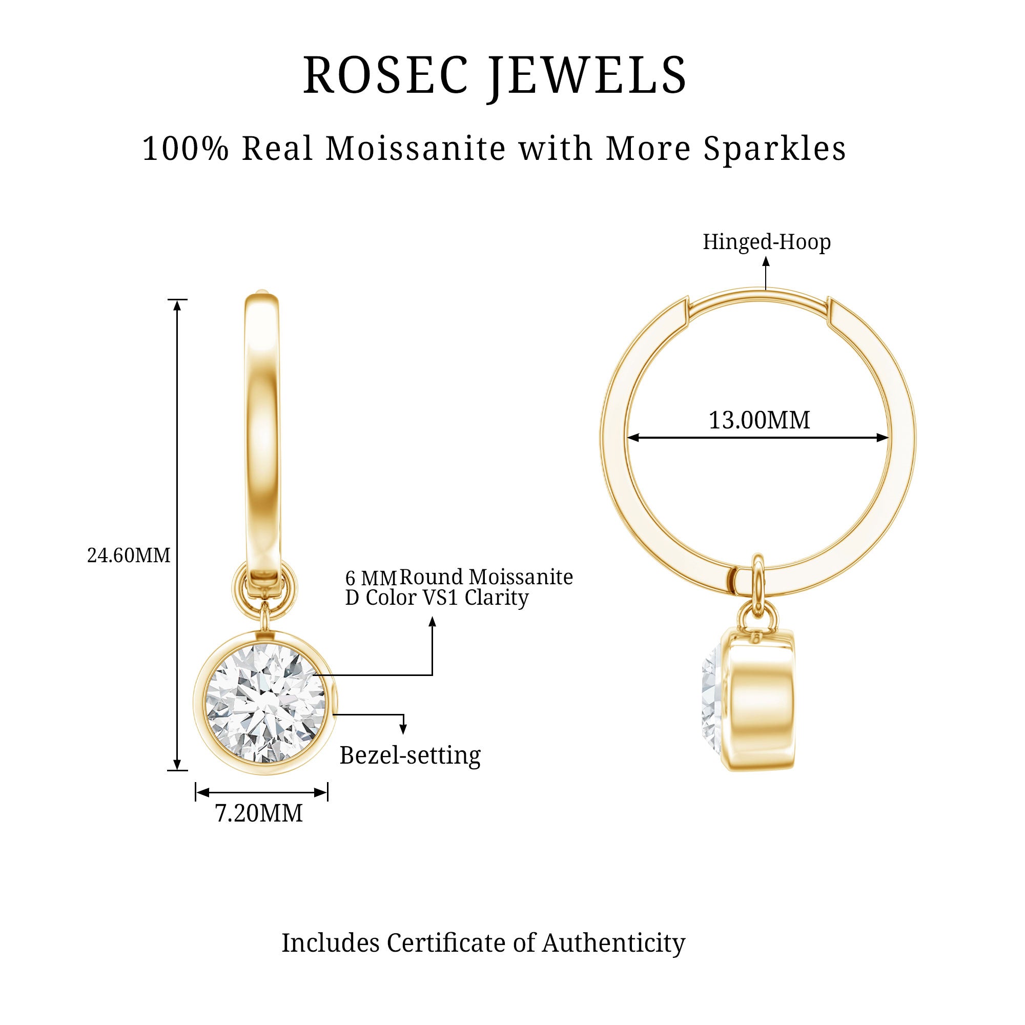 Bezel Set Moissanite and Hinged Hoop Earrings D-VS1 - Rosec Jewels