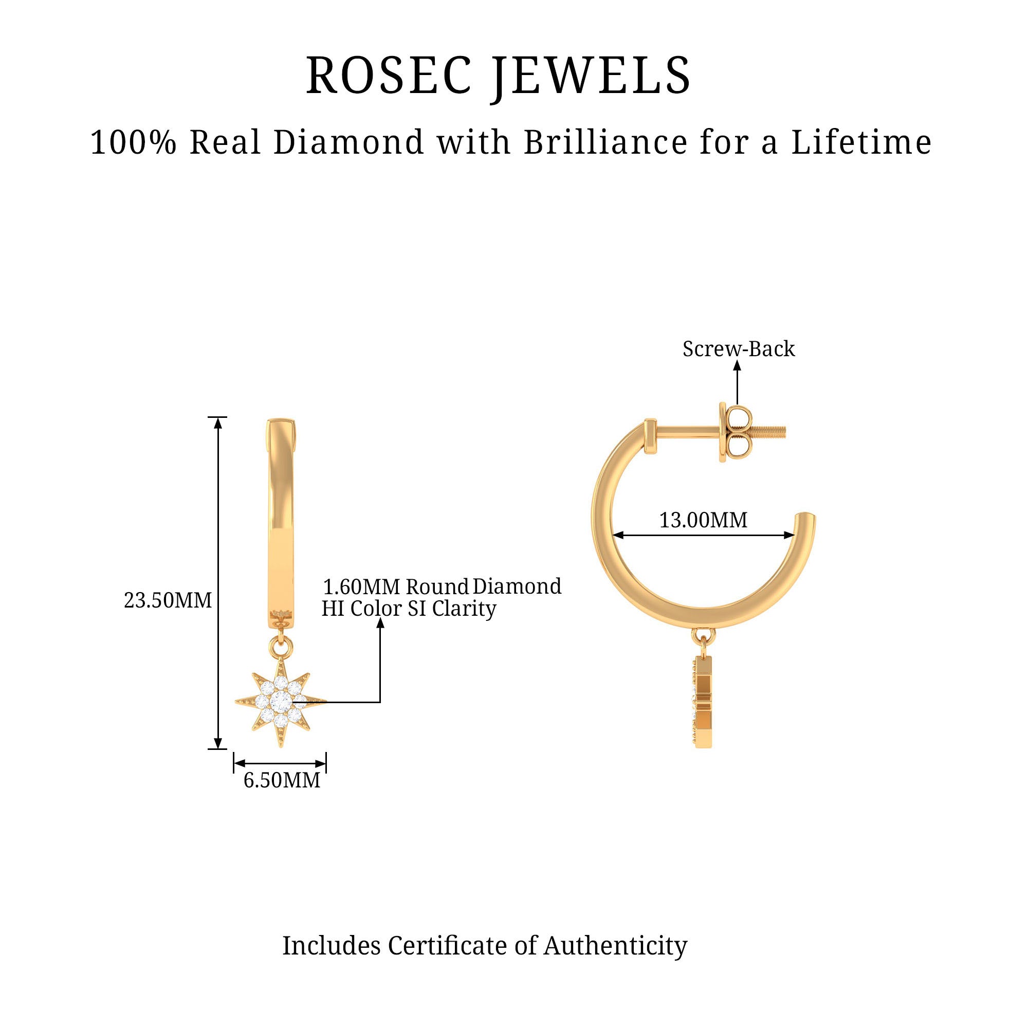 Certified Diamond Star Drop Earrings Natural - ( HI-SI ) - Rosec Jewels