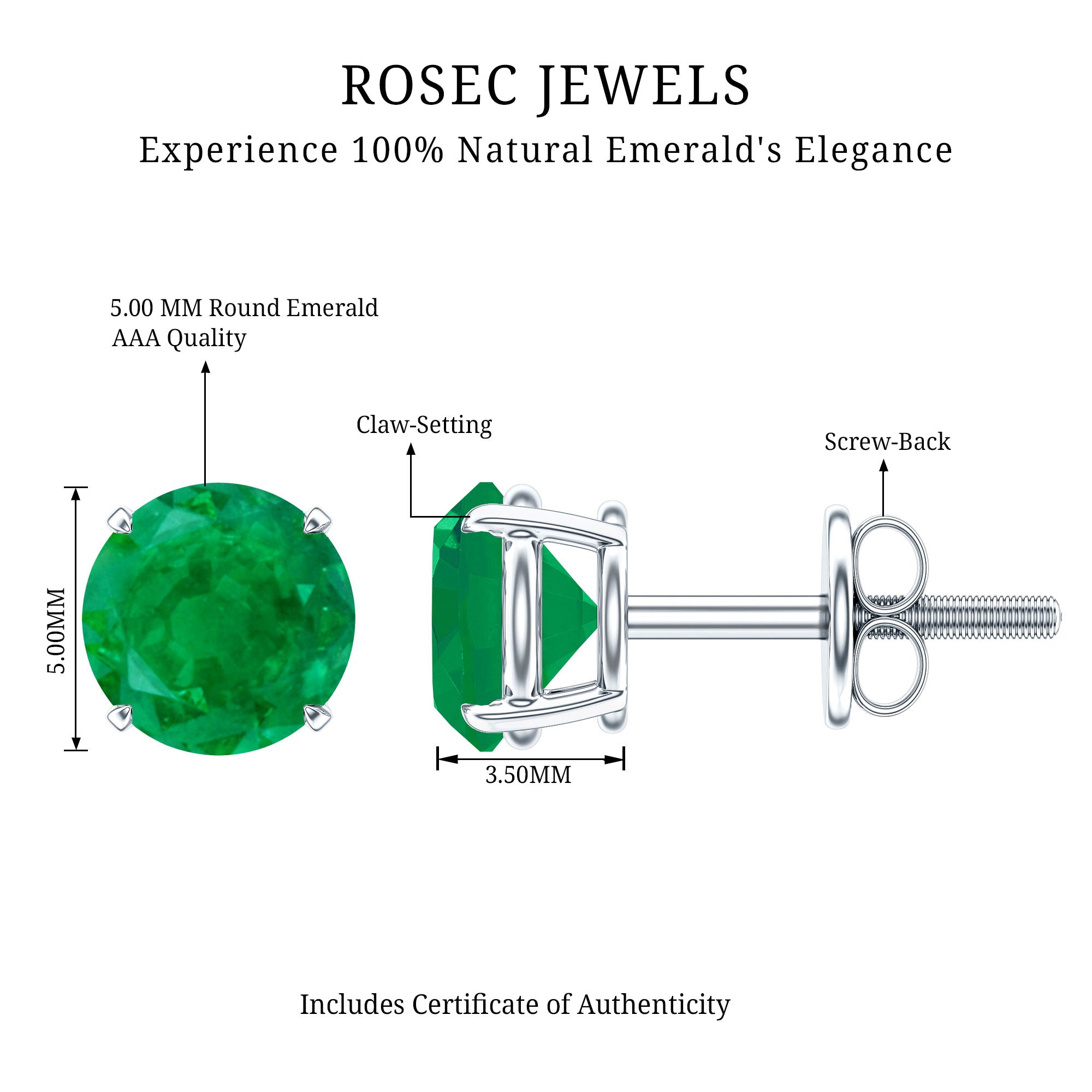 Natural Emerald Stud Earrings with Screw Back AAA - Rosec Jewels