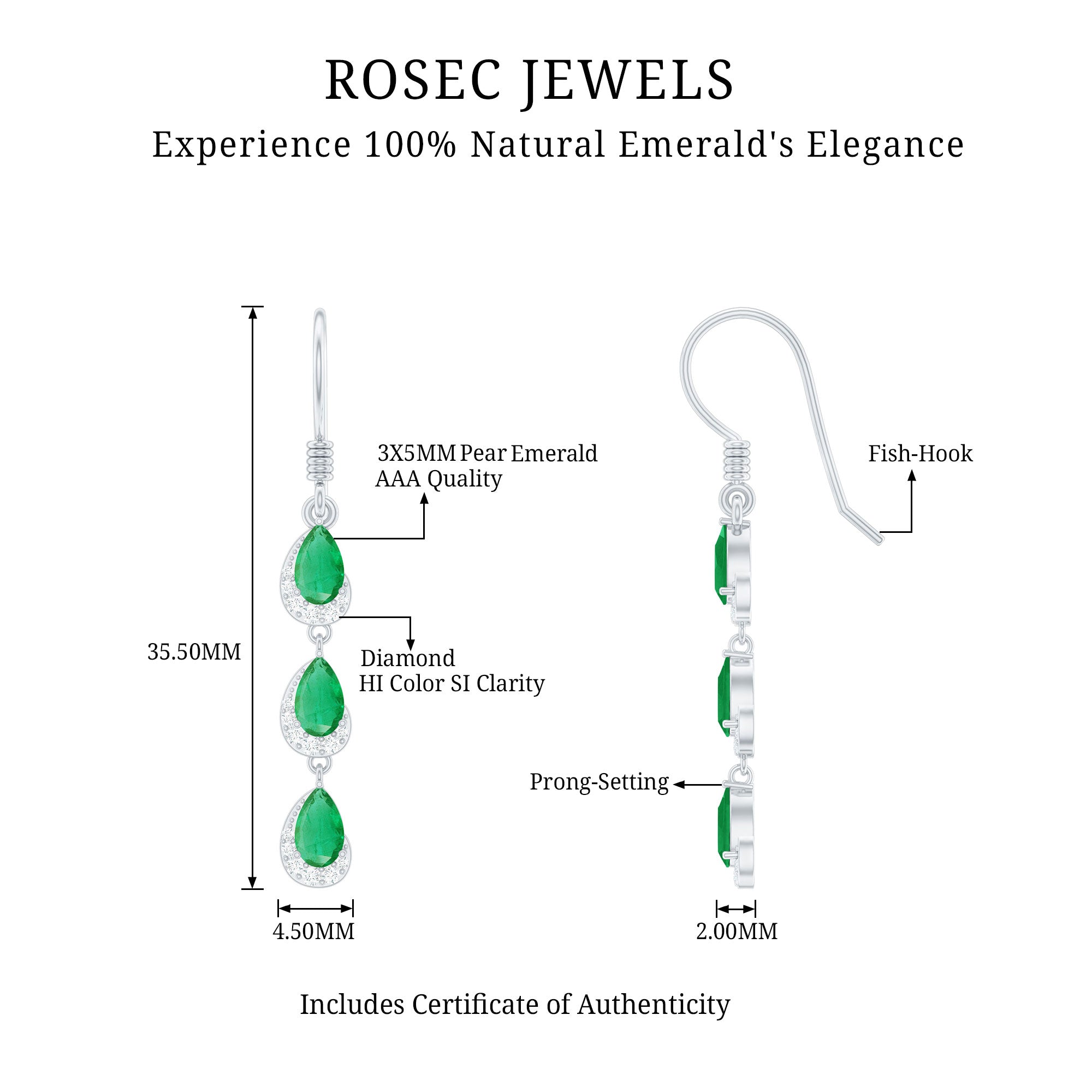 Pear Cut Emerald Dangle Earrings with Diamond AAA - Rosec Jewels