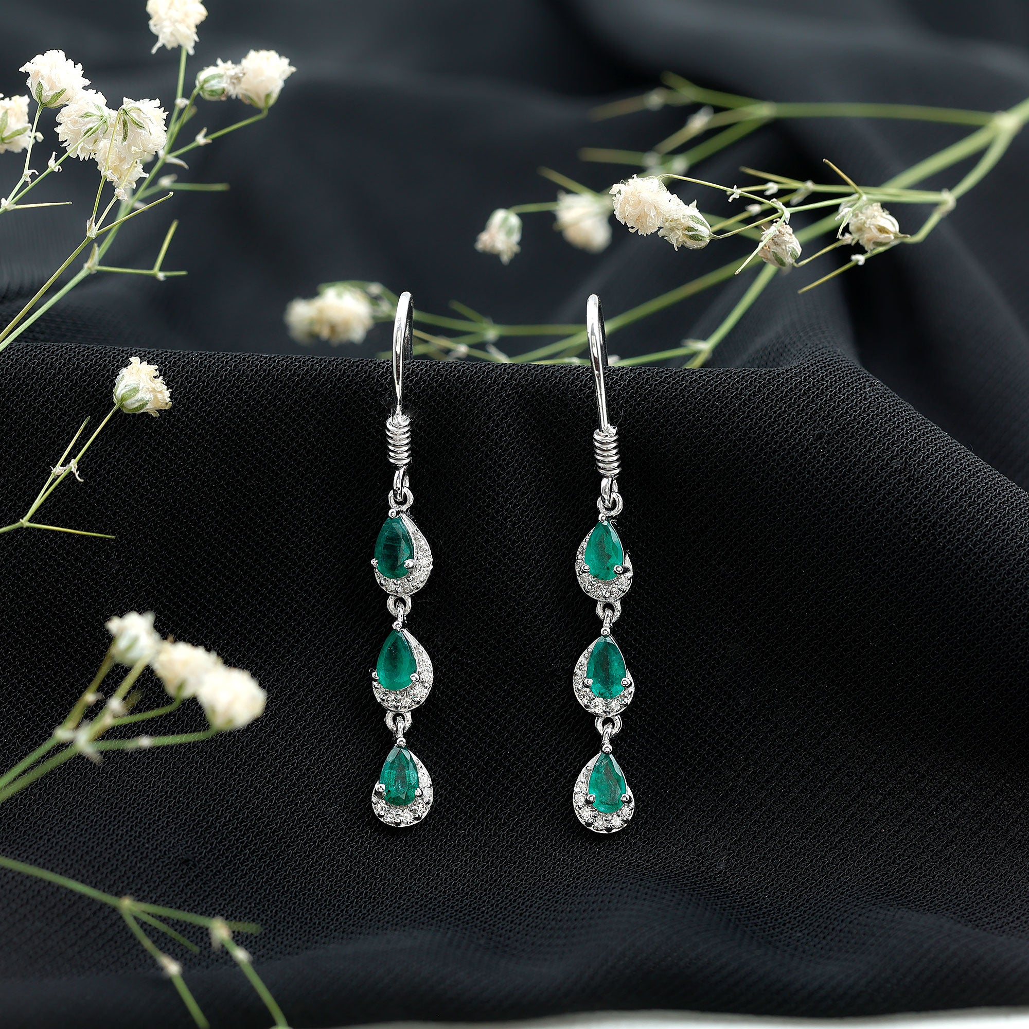 Pear Cut Emerald Dangle Earrings with Diamond AAA - Rosec Jewels
