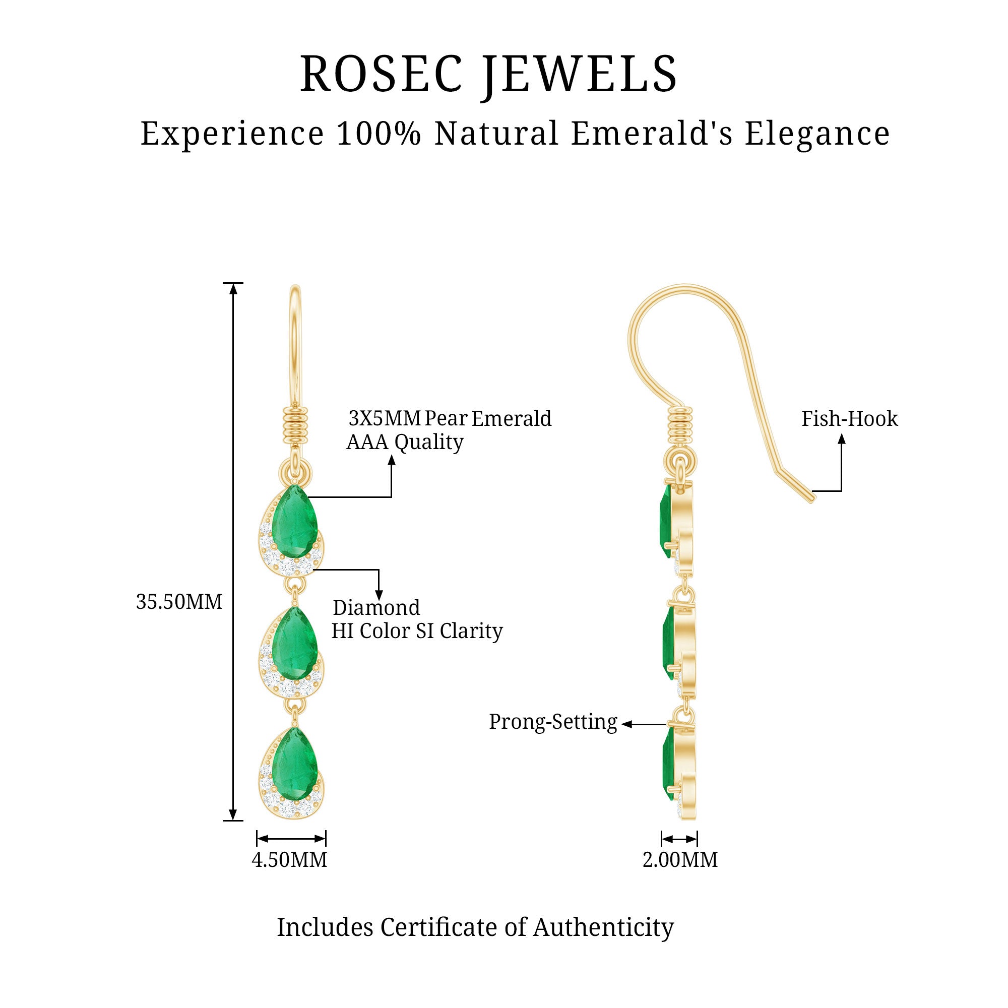 Pear Cut Emerald Dangle Earrings with Diamond AAA - Rosec Jewels