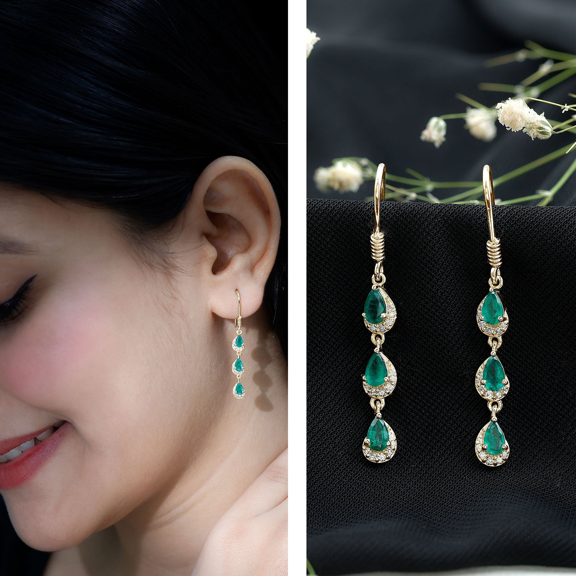 Pear Cut Emerald Dangle Earrings with Diamond AAA - Rosec Jewels