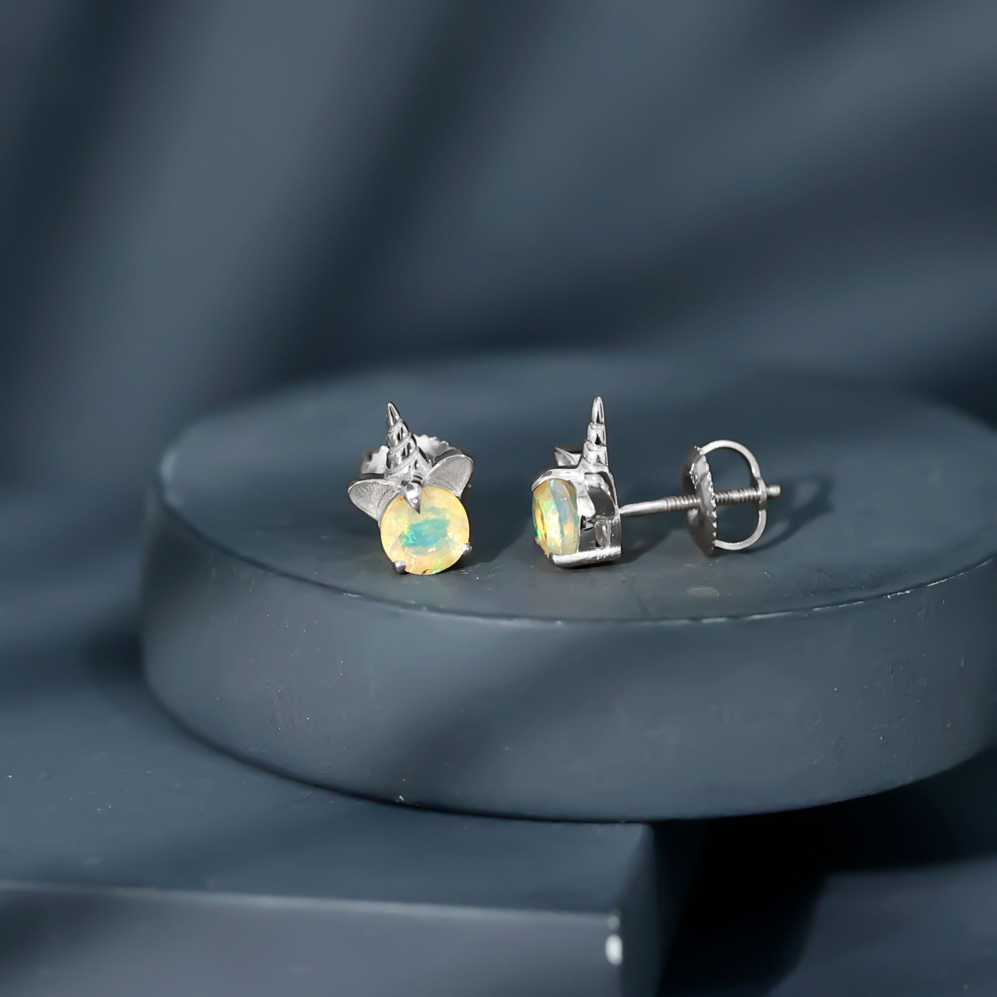 1 Carat Ethiopian Opal Unicorn Stud Earrings for Women AAA - Rosec Jewels