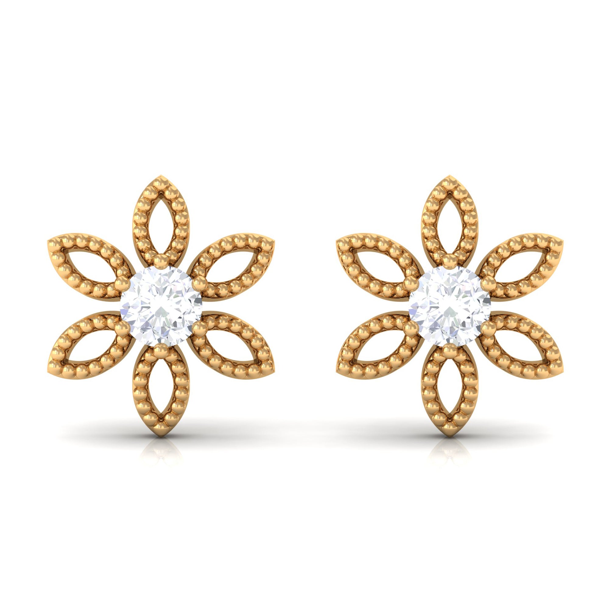 Rosec Jewels-Round Cut Diamond Flower Stud Earrings with Beaded