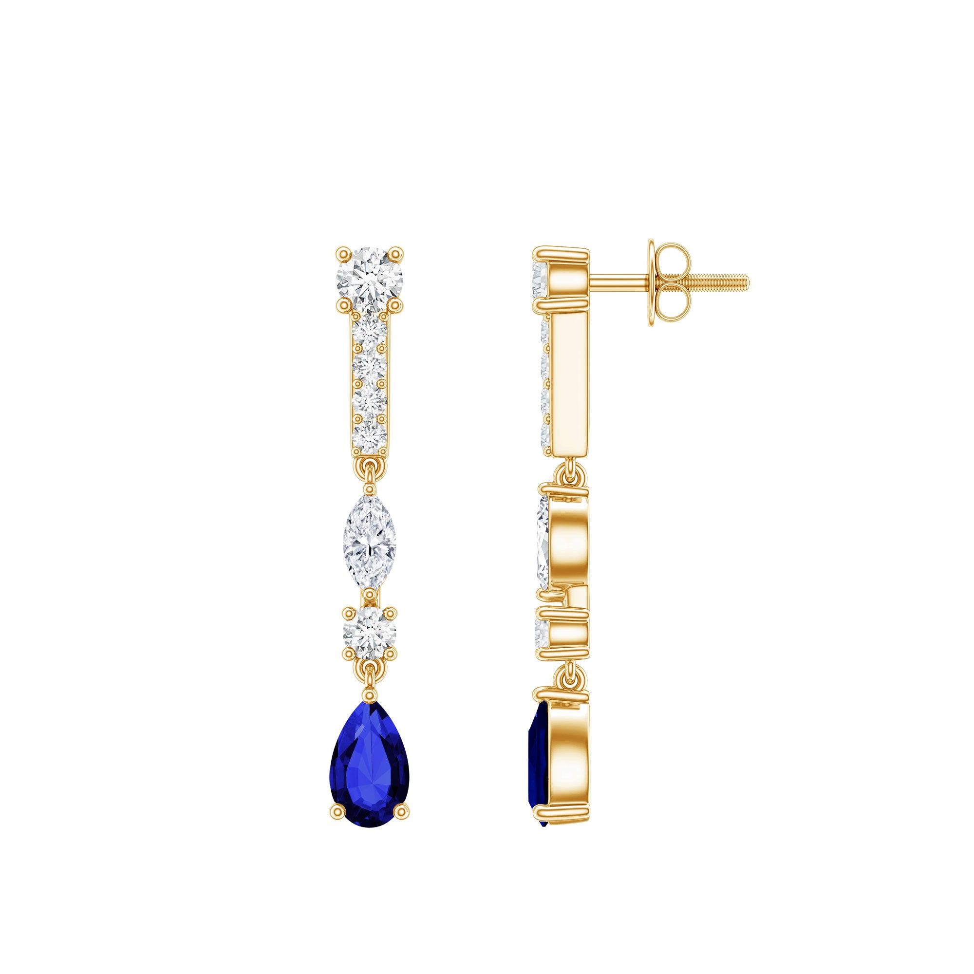 Pear Cut Created Blue Sapphire and Moissanite Long Dangle Earrings AAAA - Rosec Jewels