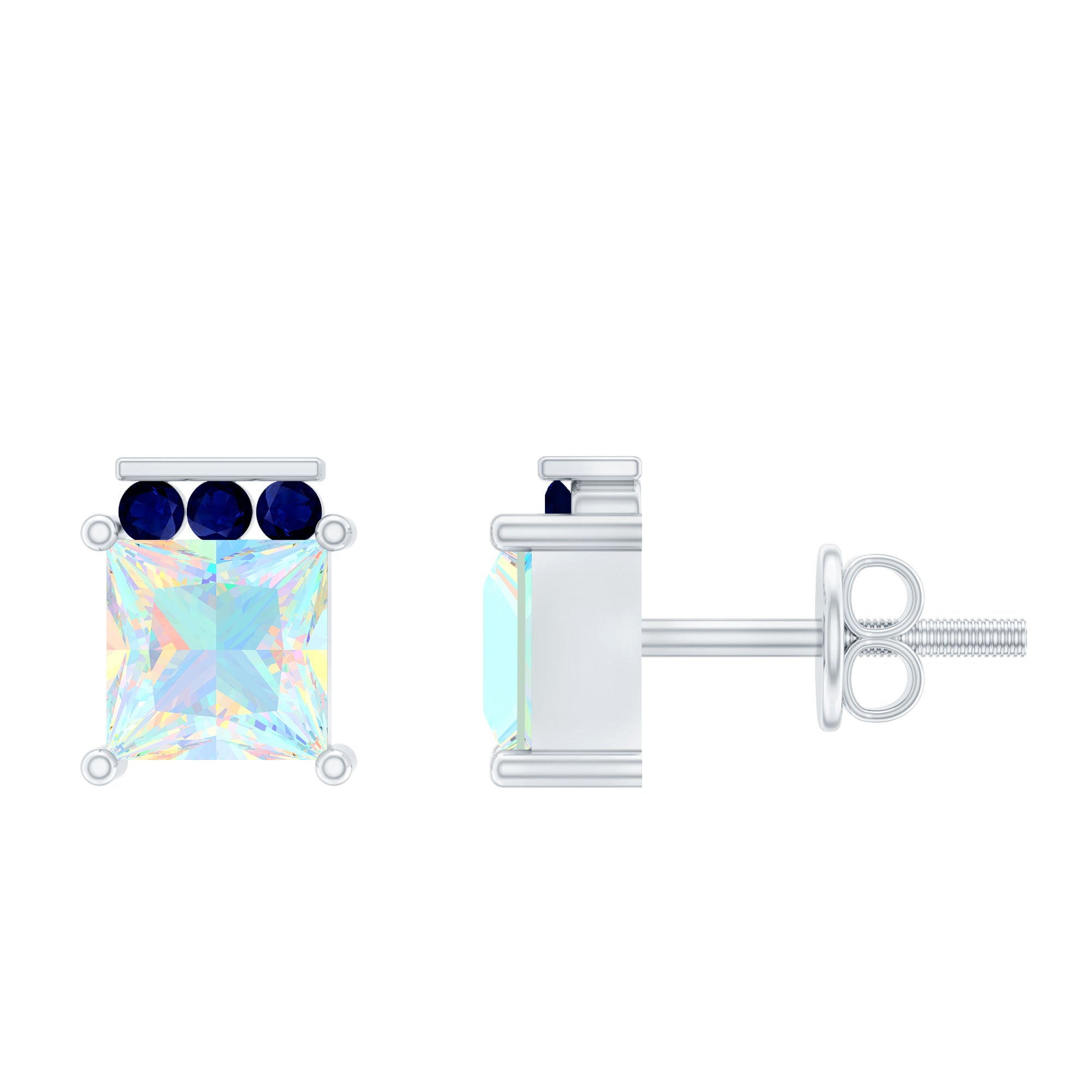 Princess Cut Ethiopische Opal Stud Oorbellen met blauwe saffier Trio