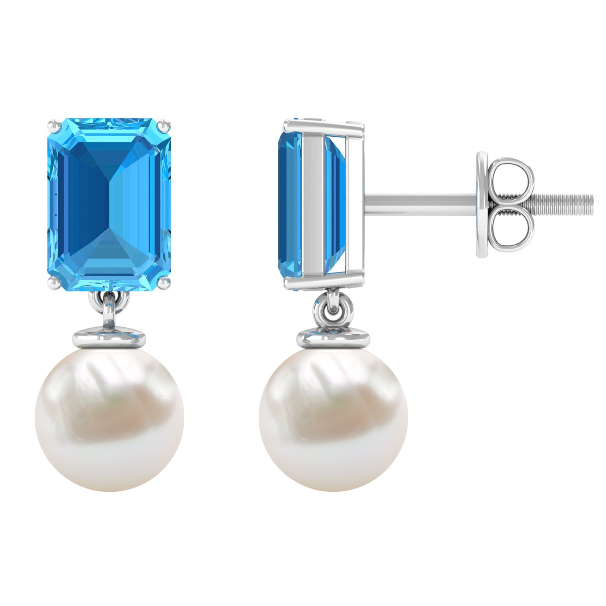 6 Carat Freshwater Pearl and Blue Topaz Drop Earrings AAA - Rosec Jewels