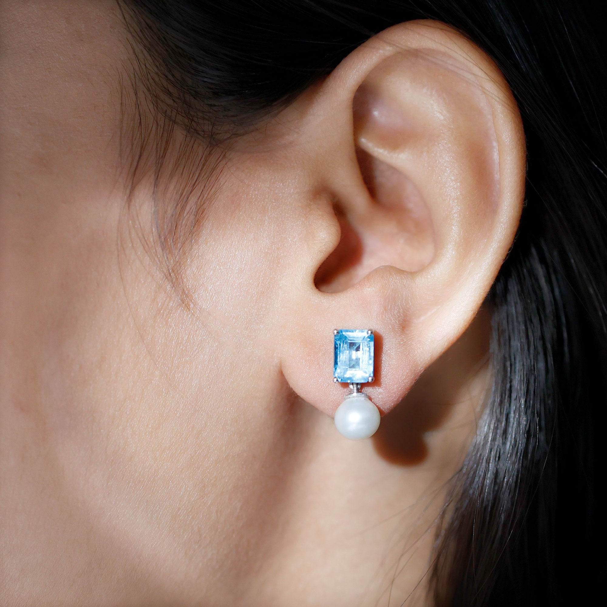 6 Carat Freshwater Pearl and Blue Topaz Drop Earrings AAA - Rosec Jewels