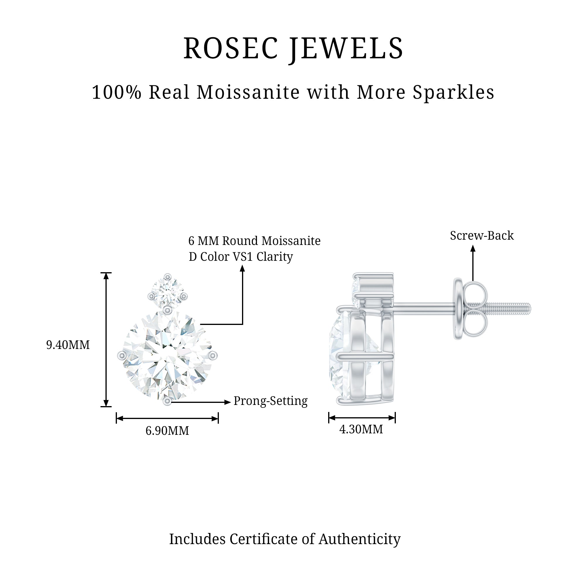Simple Round Moissanite Stud Earrings D-VS1 - Rosec Jewels