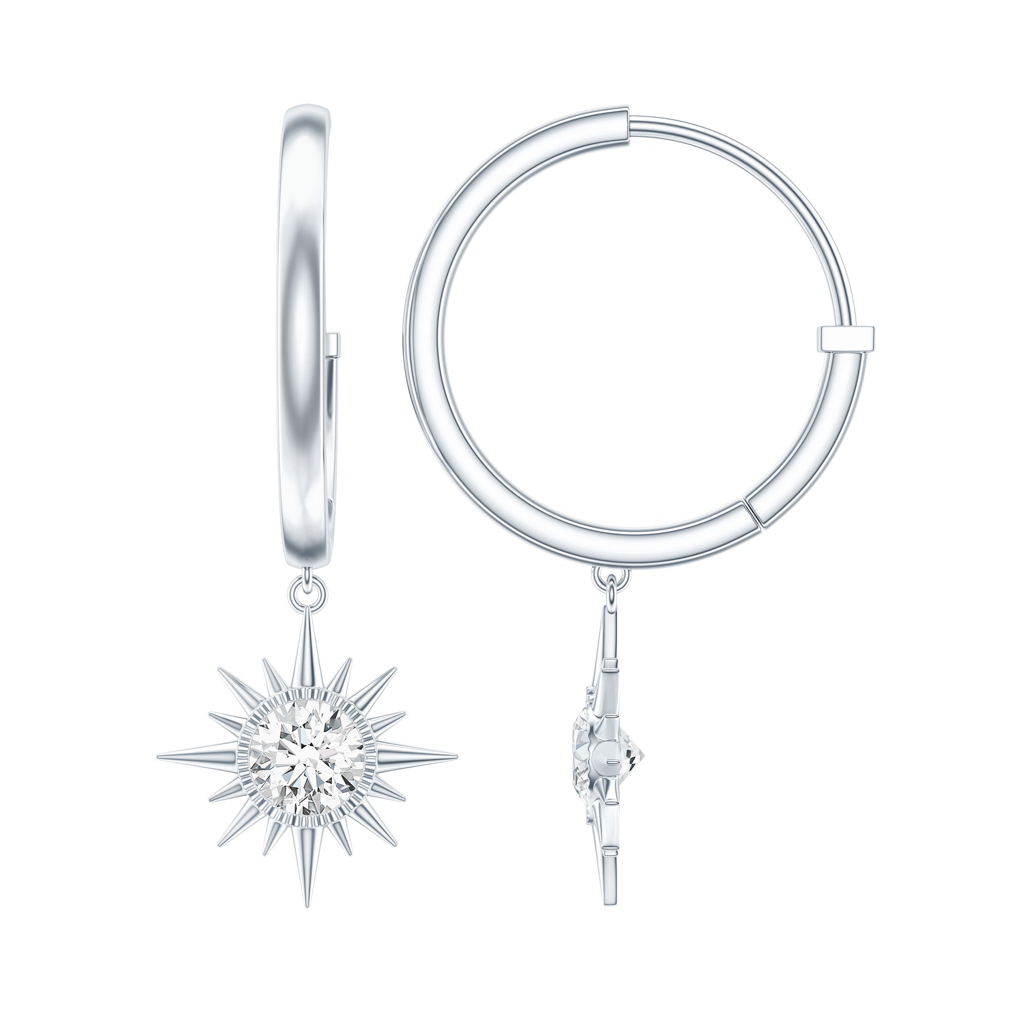 Bezel Set Round Moissanite Sunburst Hoop Drop Earrings D-VS1 - Rosec Jewels
