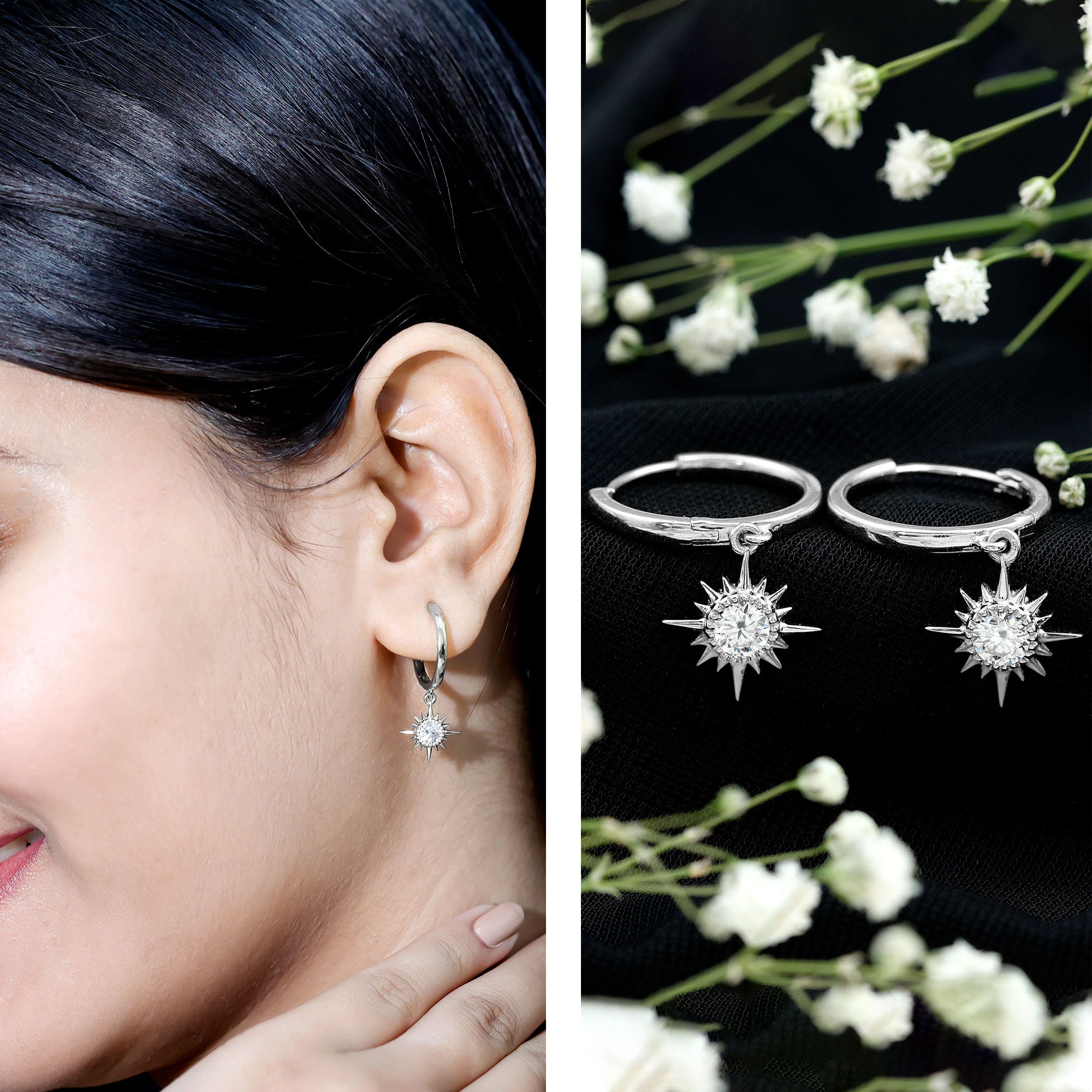Bezel Set Round Moissanite Sunburst Hoop Drop Earrings D-VS1 - Rosec Jewels