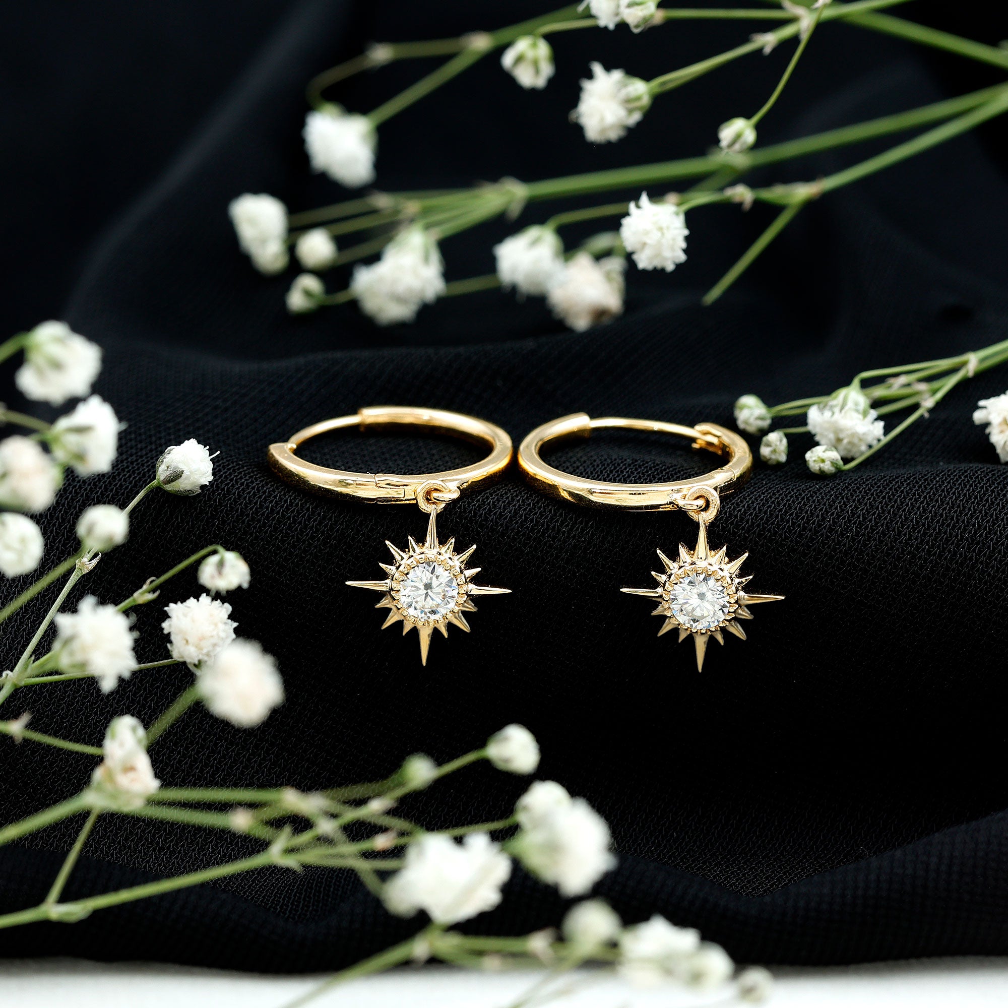 Bezel Set Round Moissanite Sunburst Hoop Drop Earrings D-VS1 - Rosec Jewels