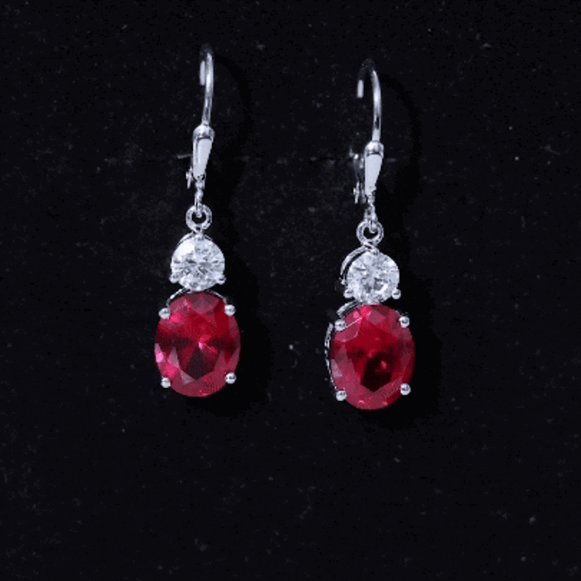 Oval Shape Lab Created Ruby Dangle Drop Earrings with Moissanite AAAA - Rosec Jewels