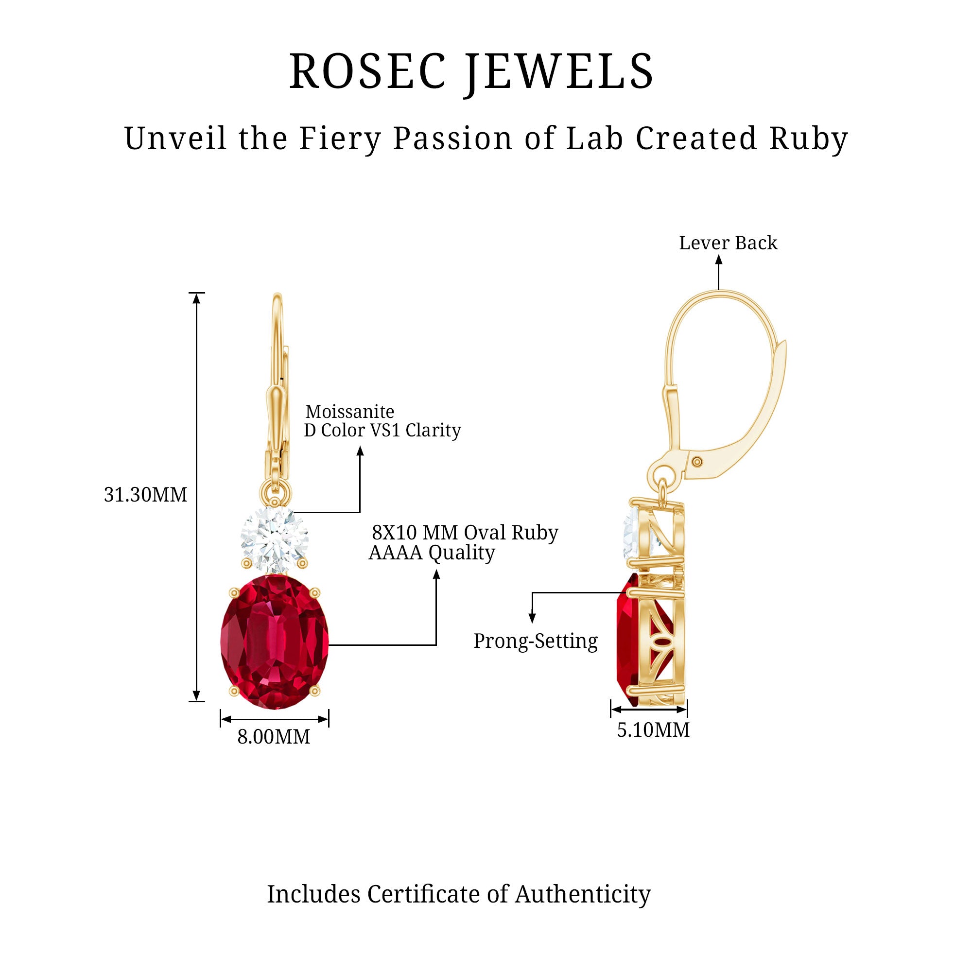 Oval Shape Lab Created Ruby Dangle Drop Earrings with Moissanite AAAA - Rosec Jewels