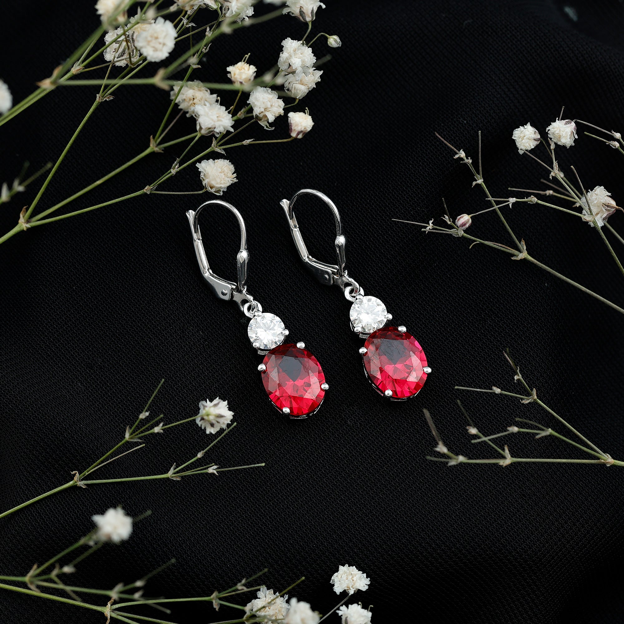 Oval Shape Lab Created Ruby Dangle Drop Earrings with Moissanite AAAA - Rosec Jewels