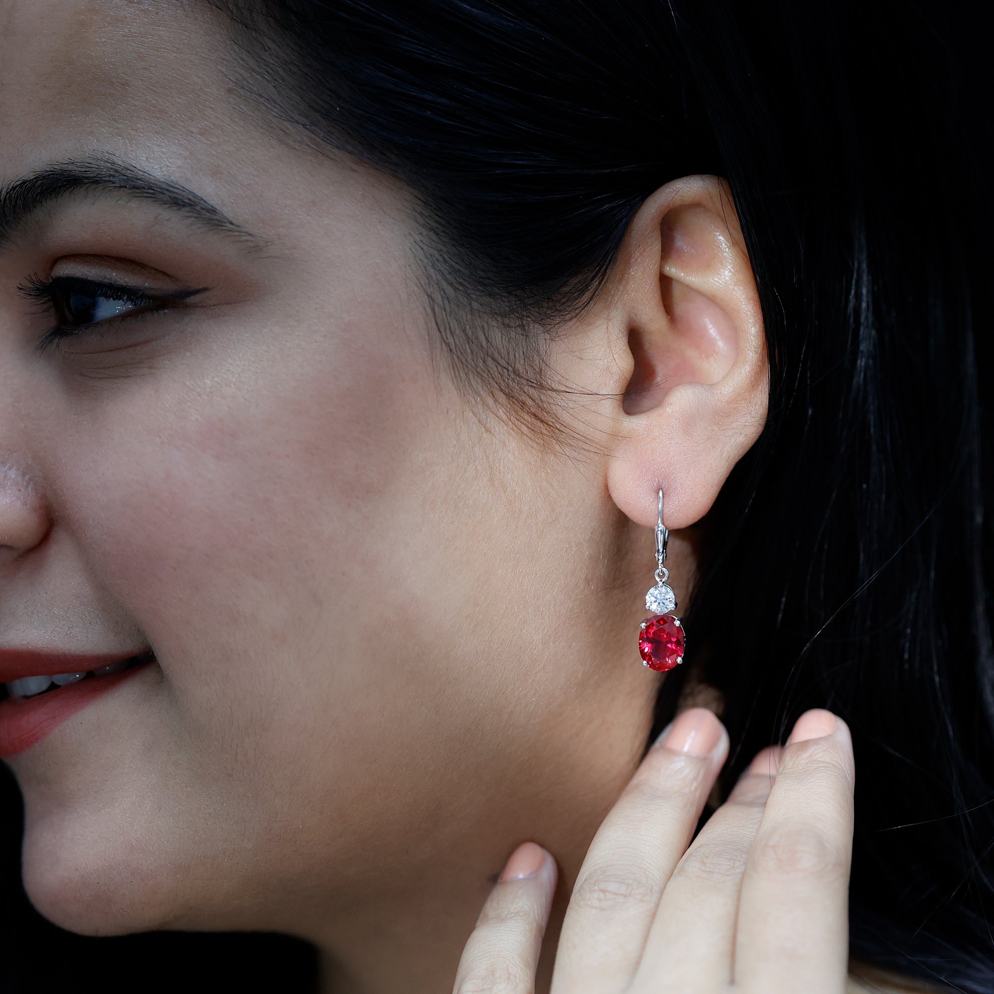 Oval Shape Lab Created Ruby Dangle Drop Earrings with Moissanite AAAA - Rosec Jewels